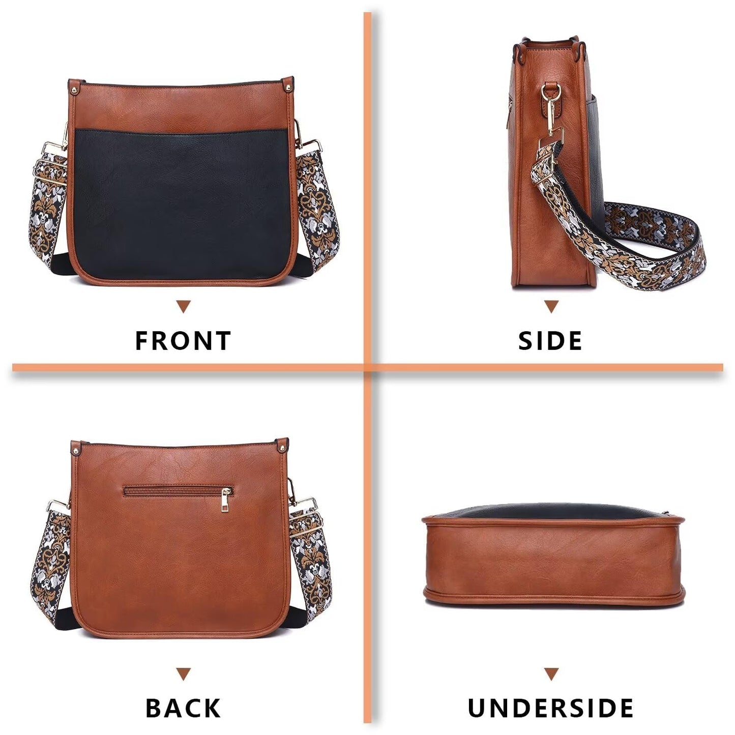 Vegan Leather Crossbody Bags for Women, Crossbody Purse with Guitar Strap Zipped Pockets Handbag