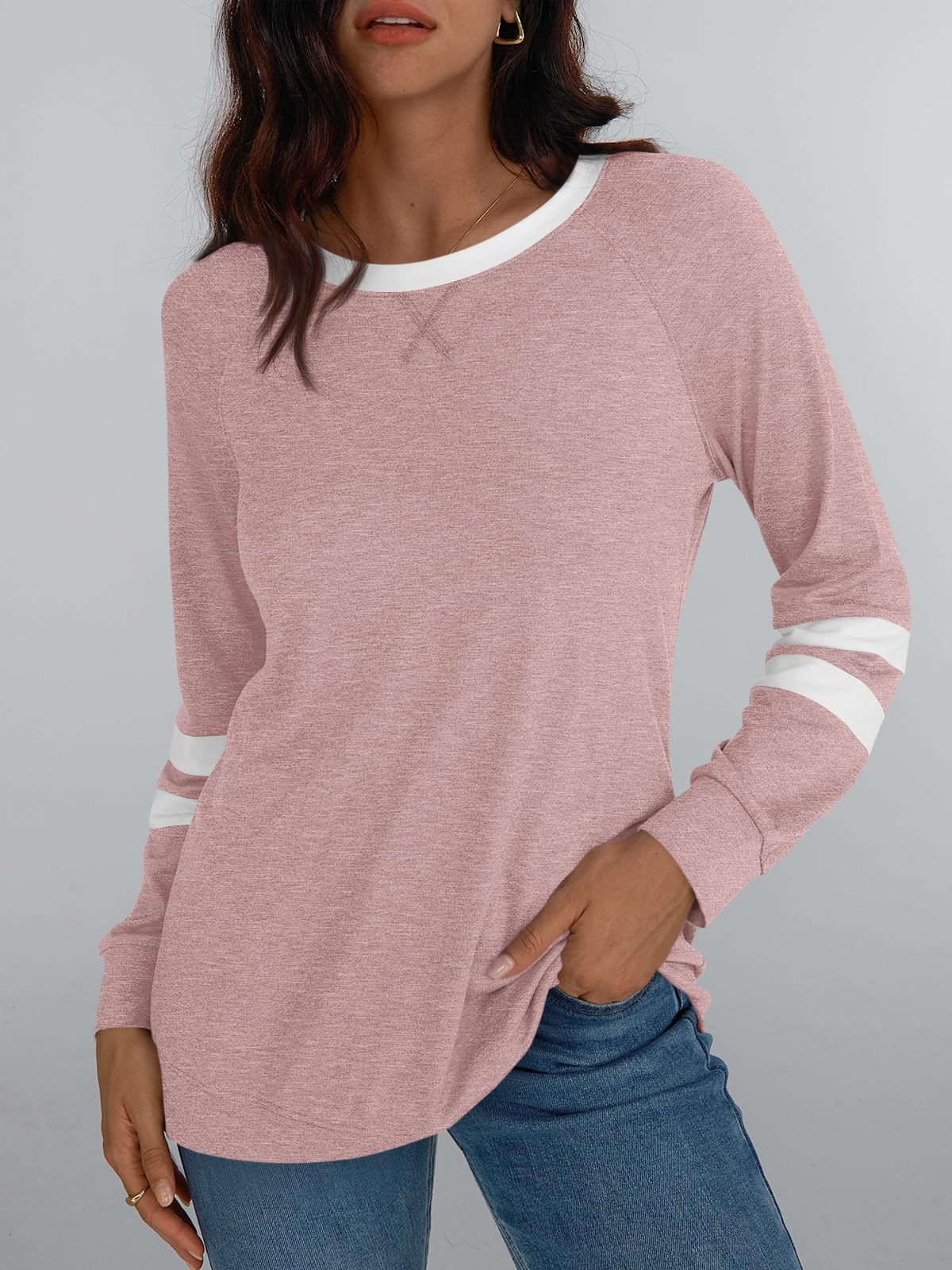 Womens Long Sleeve Shirts Color Block Casual Crewneck Tops Tshirt