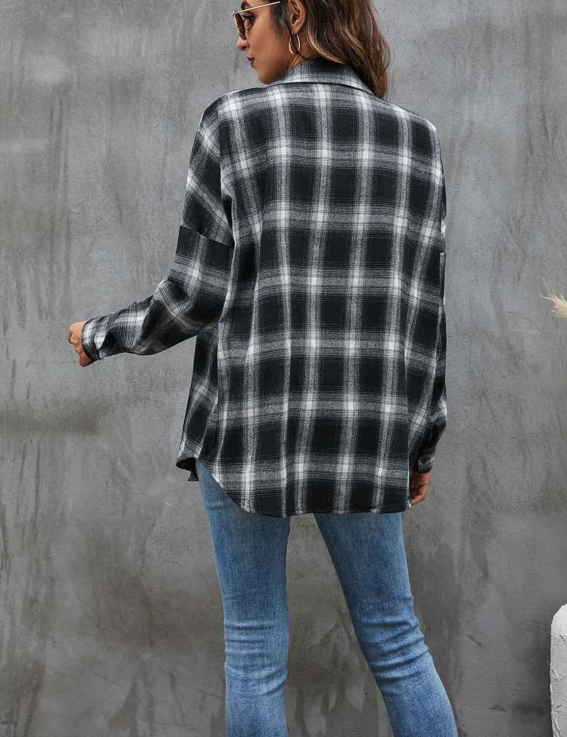Women's Button Down Flannel Shirts Plaid Shacket Long Sleeve Collared Business Casual Tops Work Blouses