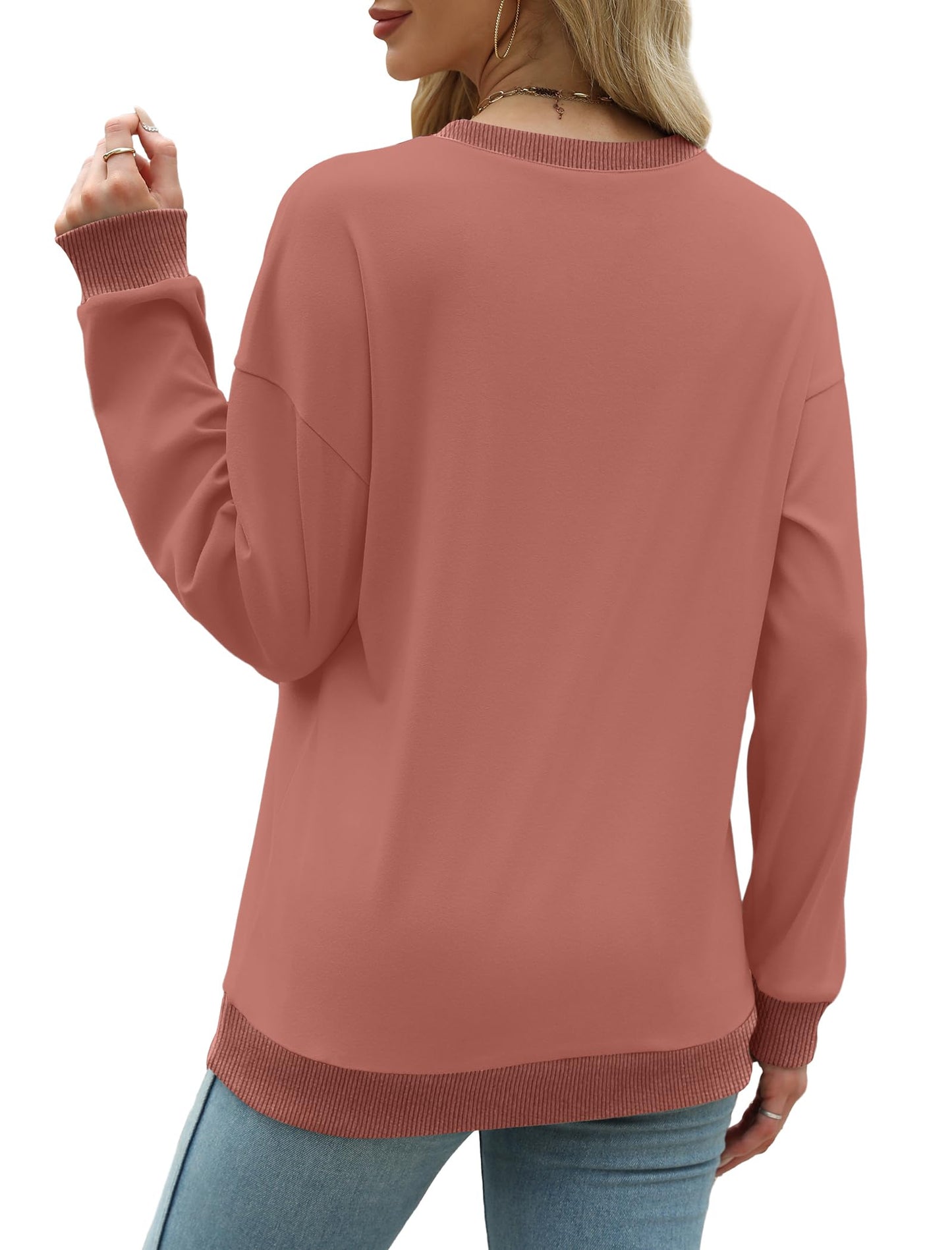 Sweatshirts for Women Crewneck Long Sleeve Loose Fit Tops Color Block Ribbed Trim Fashion