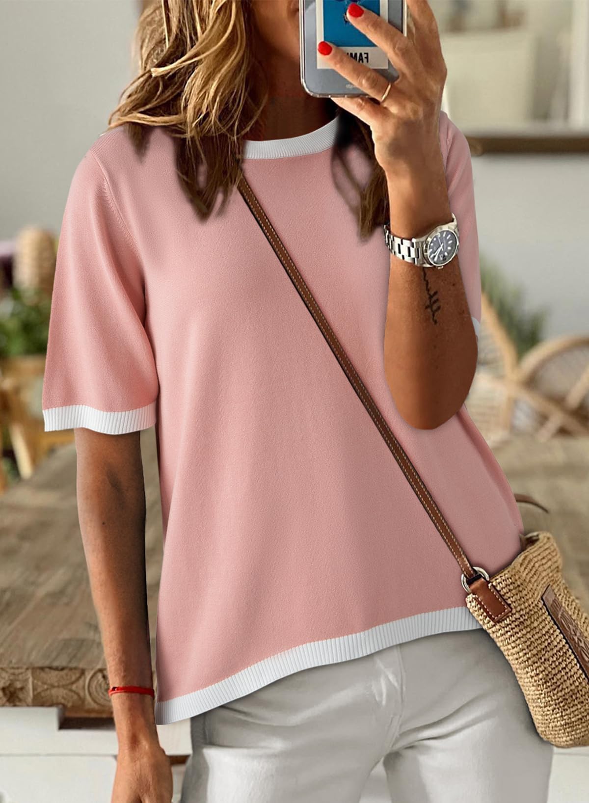 Womens Tops CasualCrewneck Short Sleeve Striped Color Block Knit Trendy Pullover Sweaters