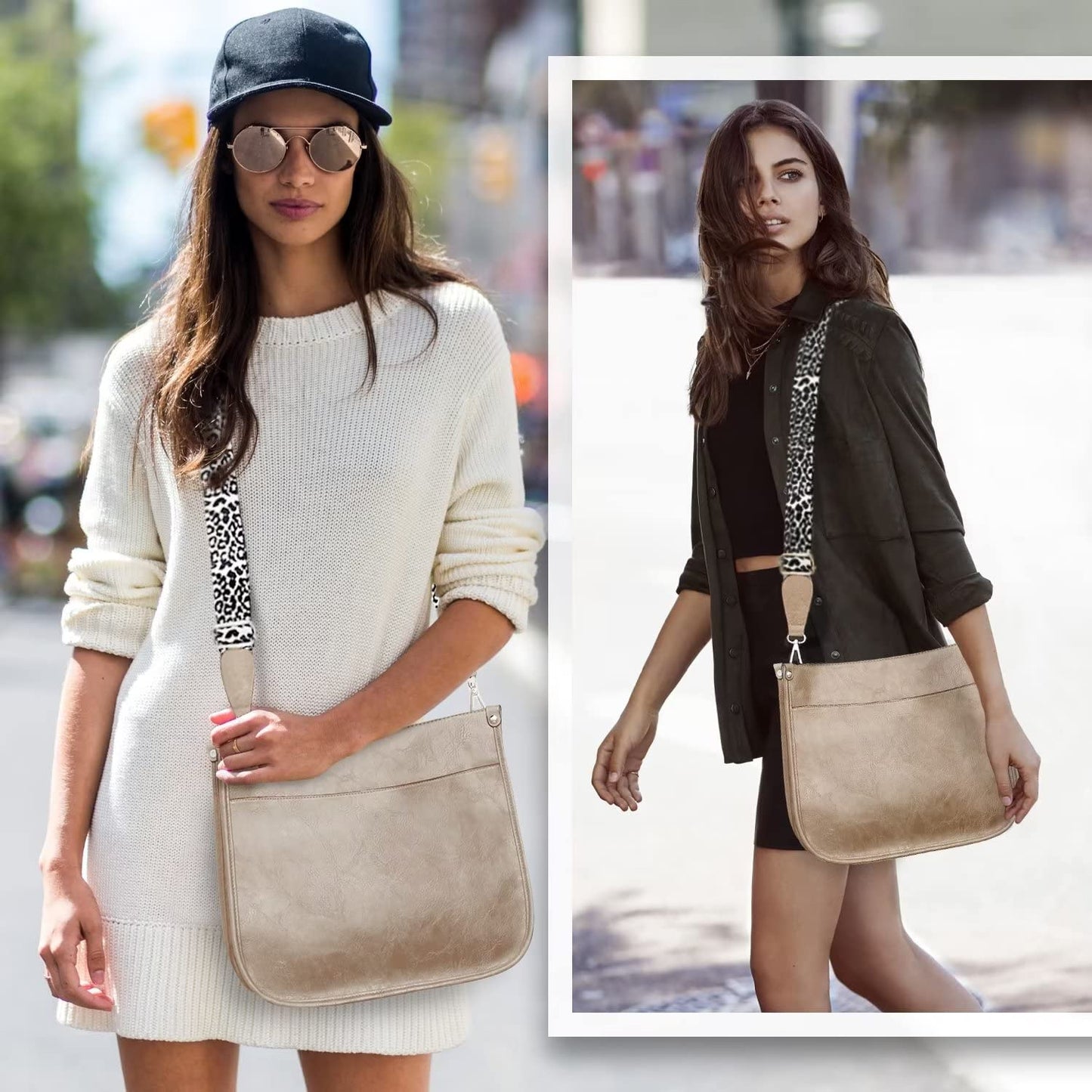 Vegan Leather Crossbody Bags for Women, Crossbody Purse with Guitar Strap Zipped Pockets Handbag