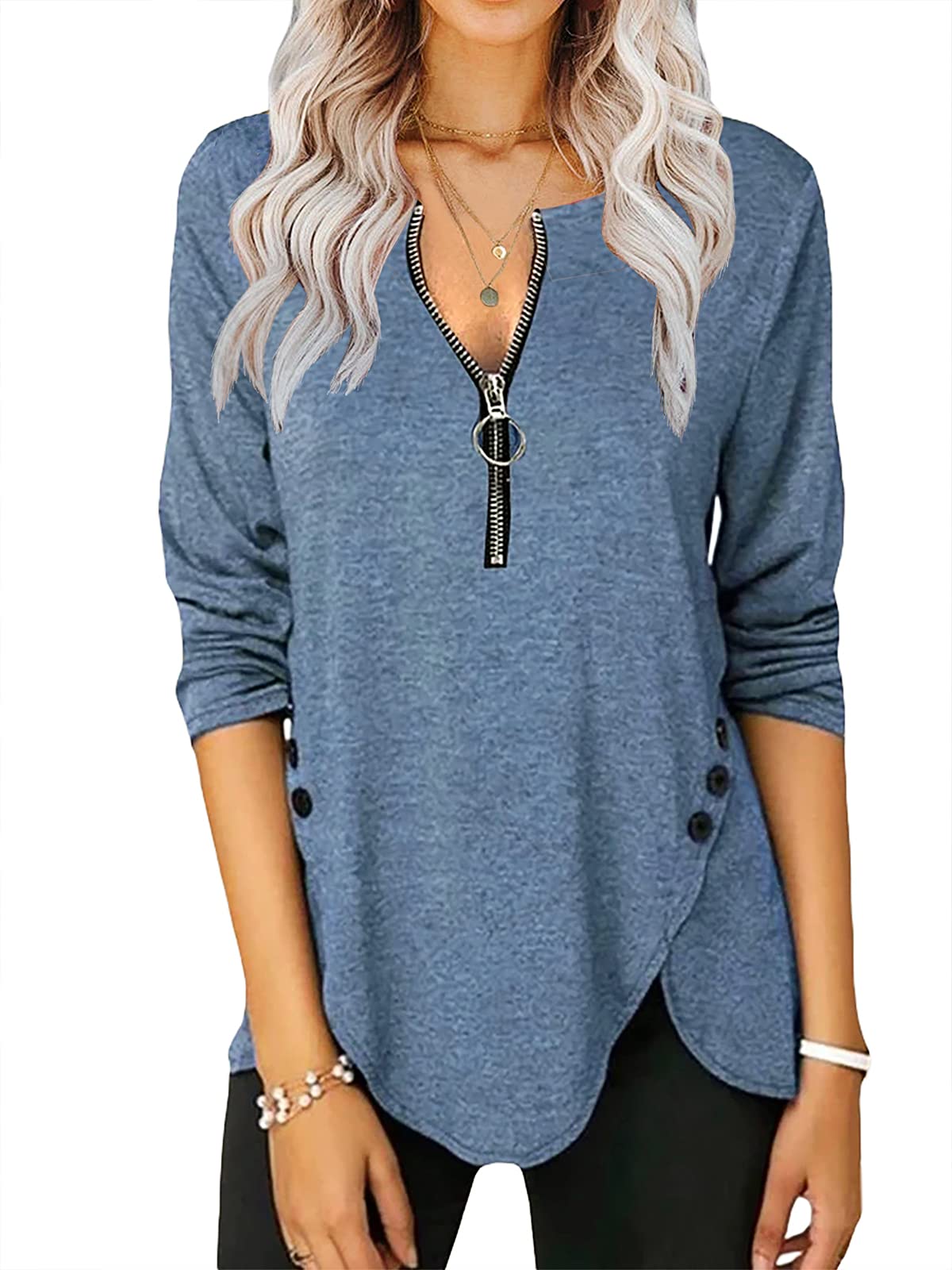 Womens Casual Long Sleeve Tunic Shirts Round Neck Button Side Blouses Tops