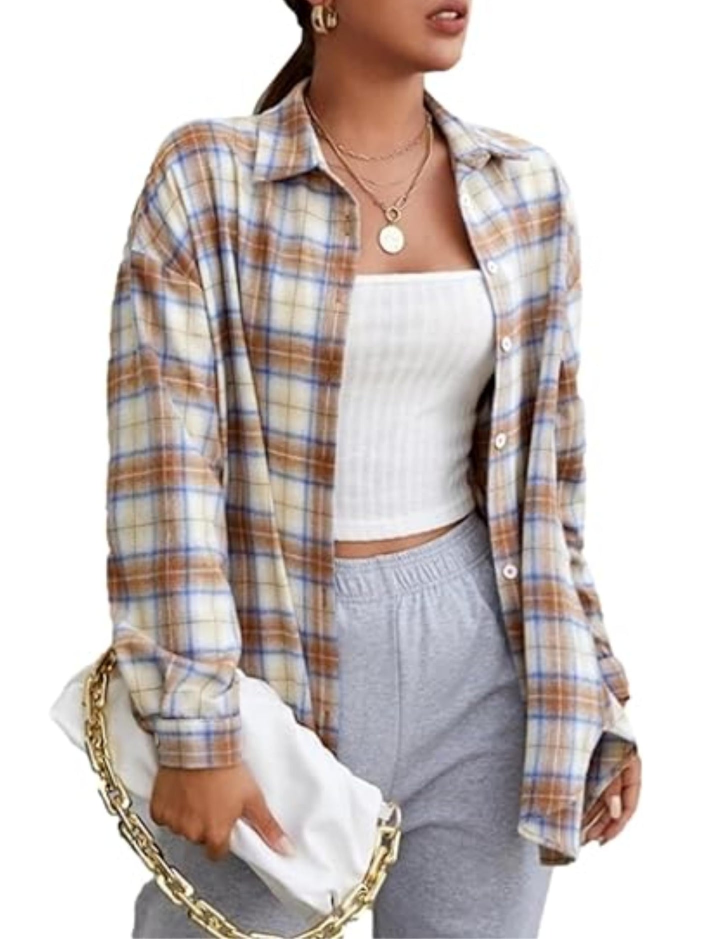 Plaid Flannel Shirts for Women Oversized Long Sleeve Button Down Buffalo Plaid Shirt Blouse Tops