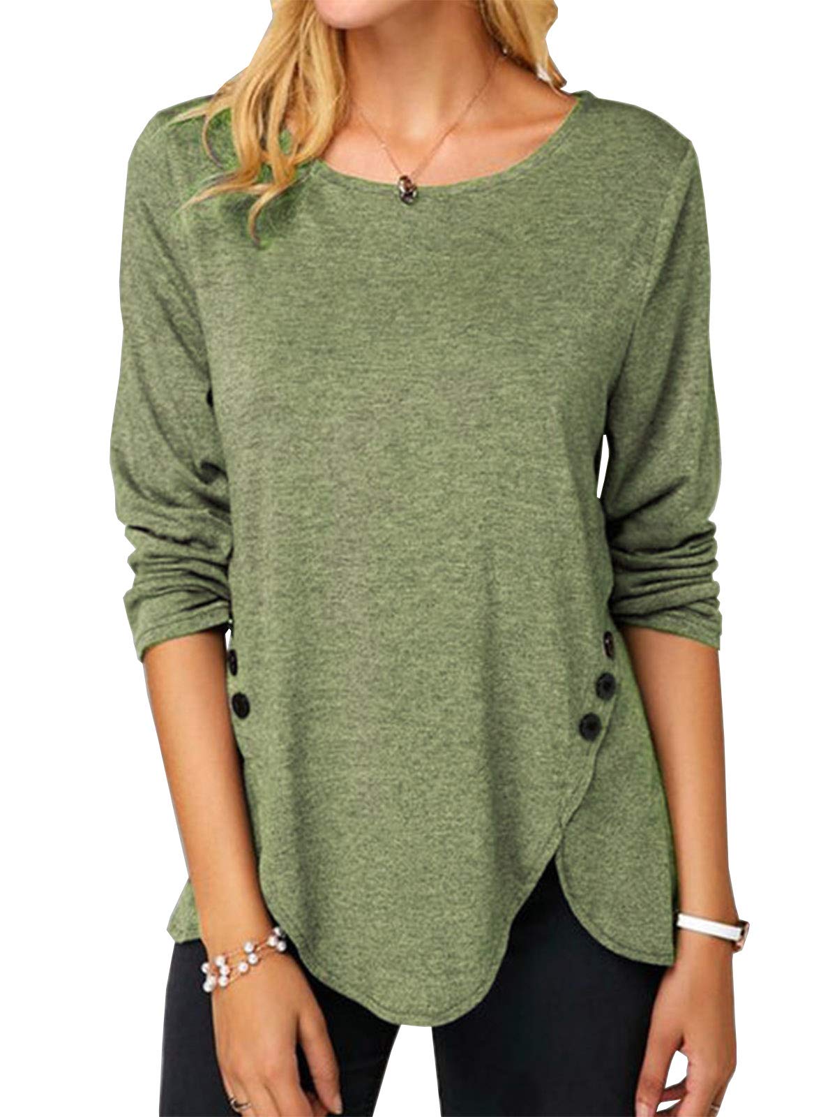 Womens Casual Long Sleeve Tunic Shirts Round Neck Button Side Blouses Tops