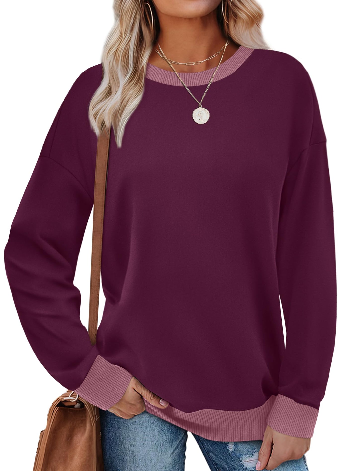Sweatshirts for Women Crewneck Long Sleeve Loose Fit Tops Color Block Ribbed Trim Fashion