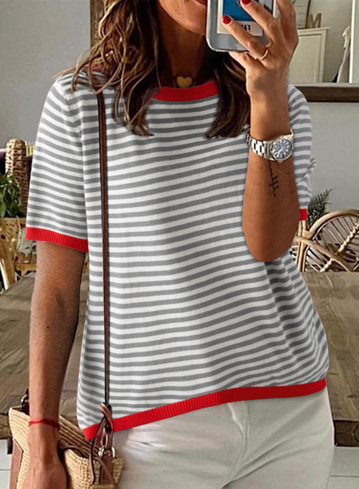 Womens Tops CasualCrewneck Short Sleeve Striped Color Block Knit Trendy Pullover Sweaters