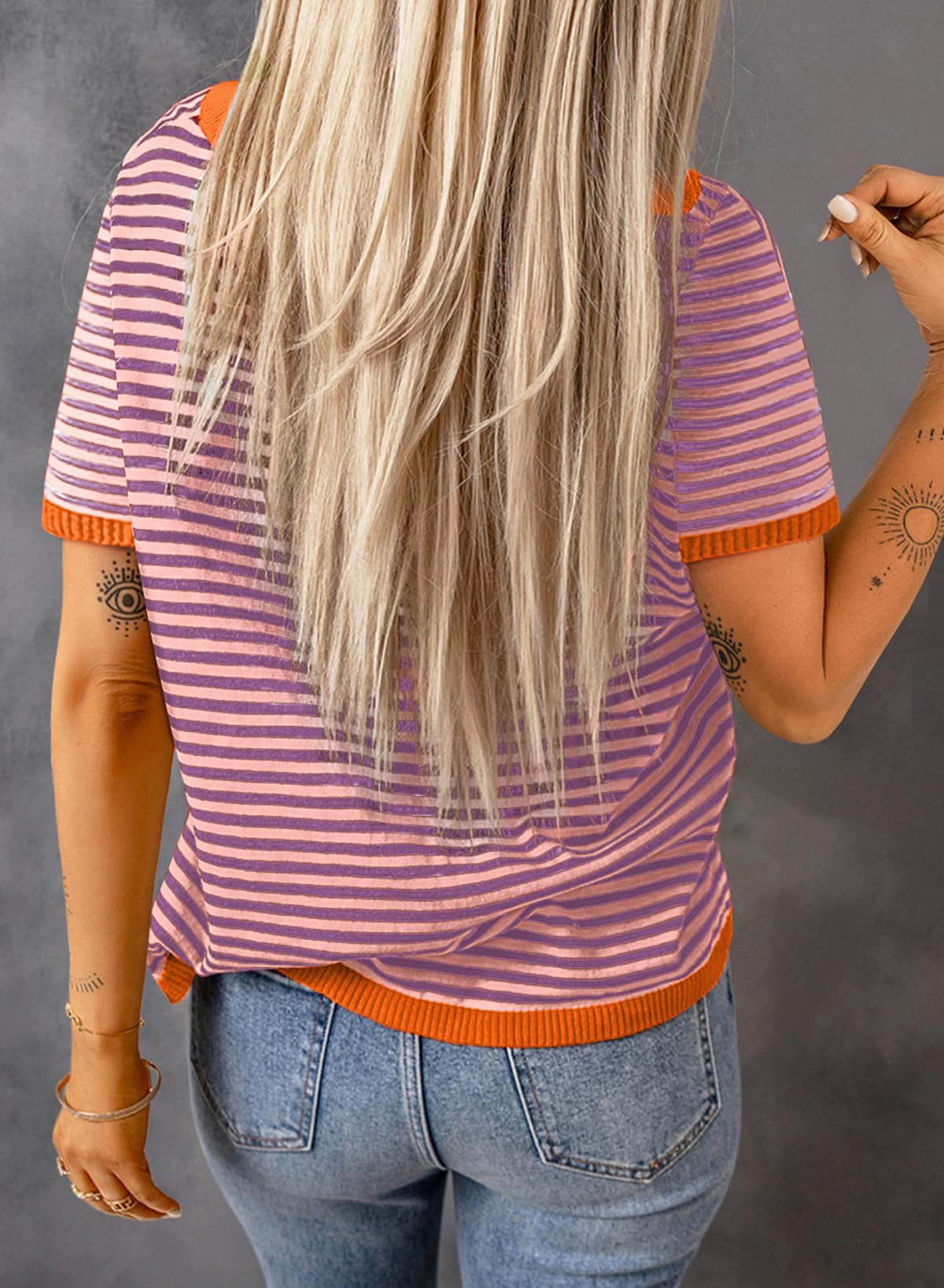 Womens Tops CasualCrewneck Short Sleeve Striped Color Block Knit Trendy Pullover Sweaters