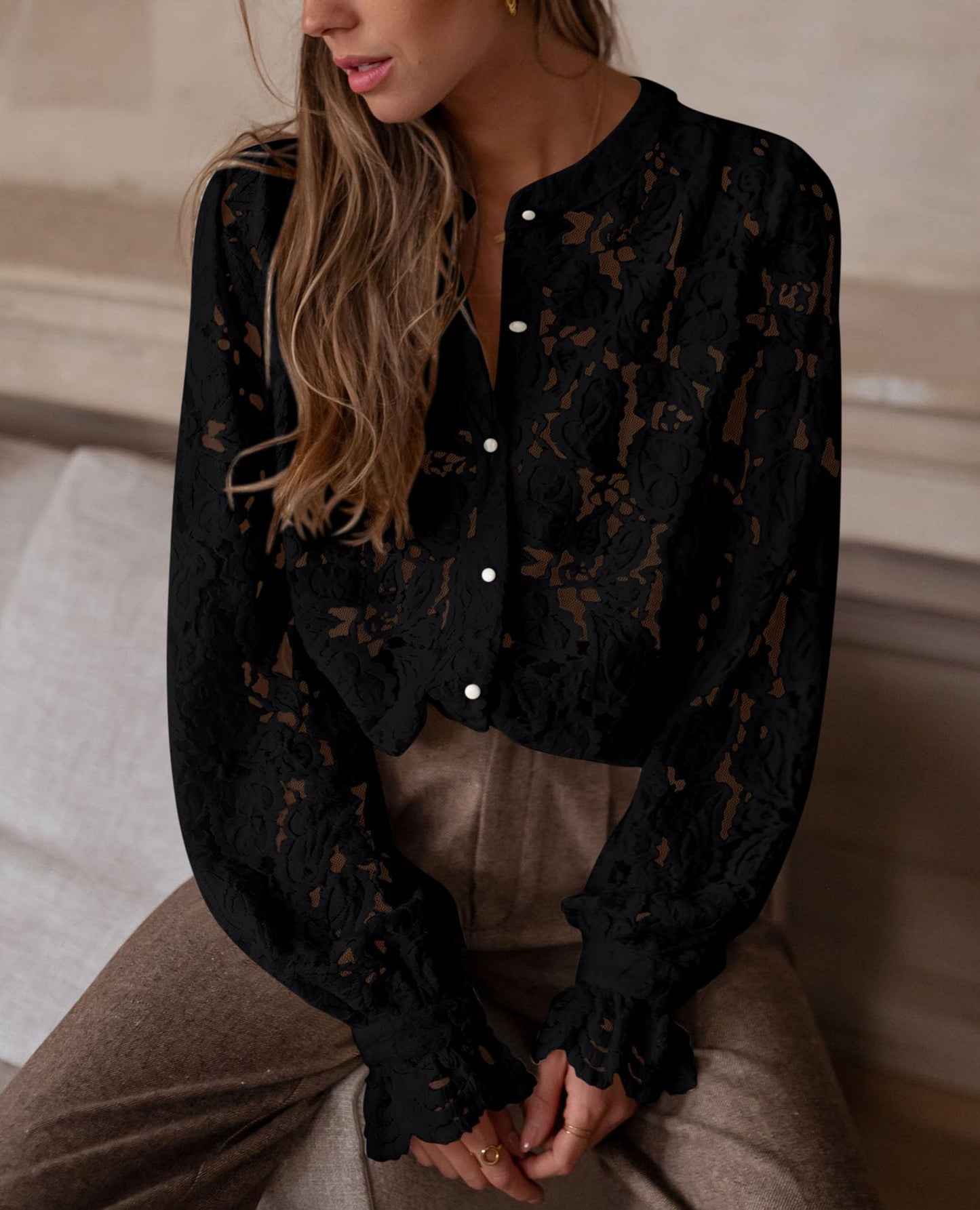 Women's Dressy Casual Lace Blouse Long Sleeve Button Up Shirts Tops