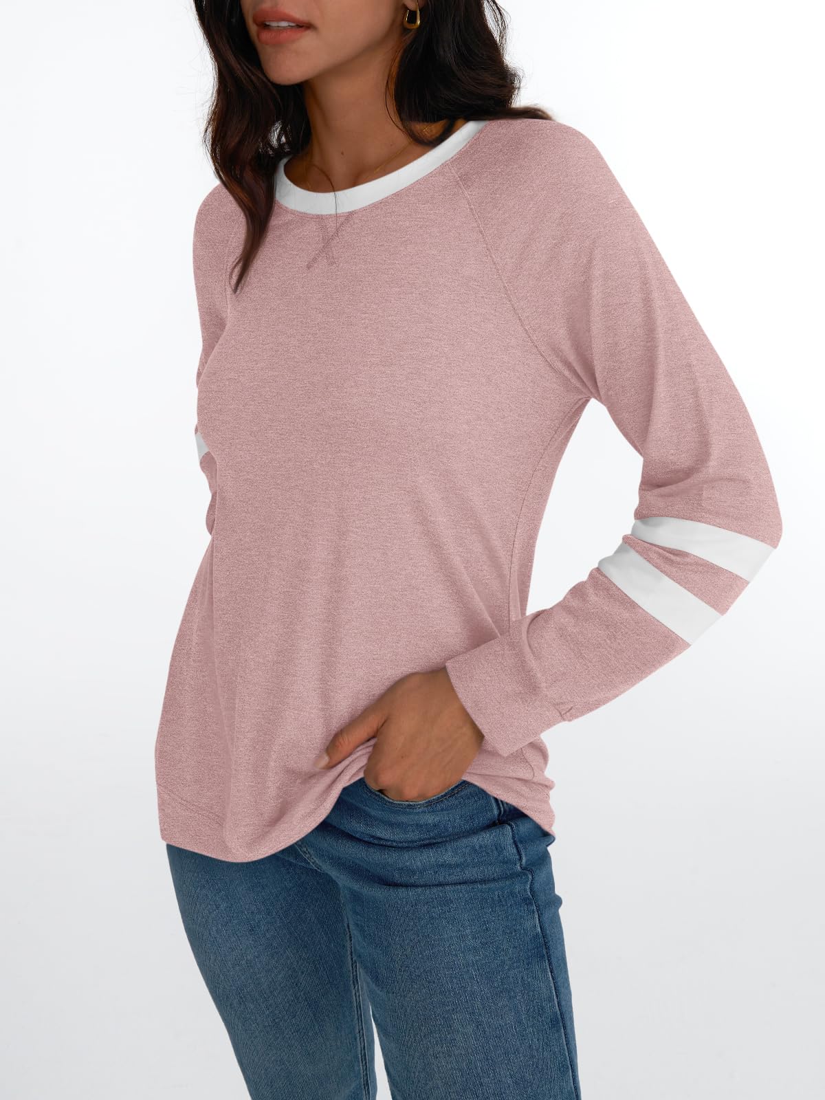 Womens Long Sleeve Shirts Color Block Casual Crewneck Tops Tshirt Basic Tees Fashion Clothes Trendy Outfits