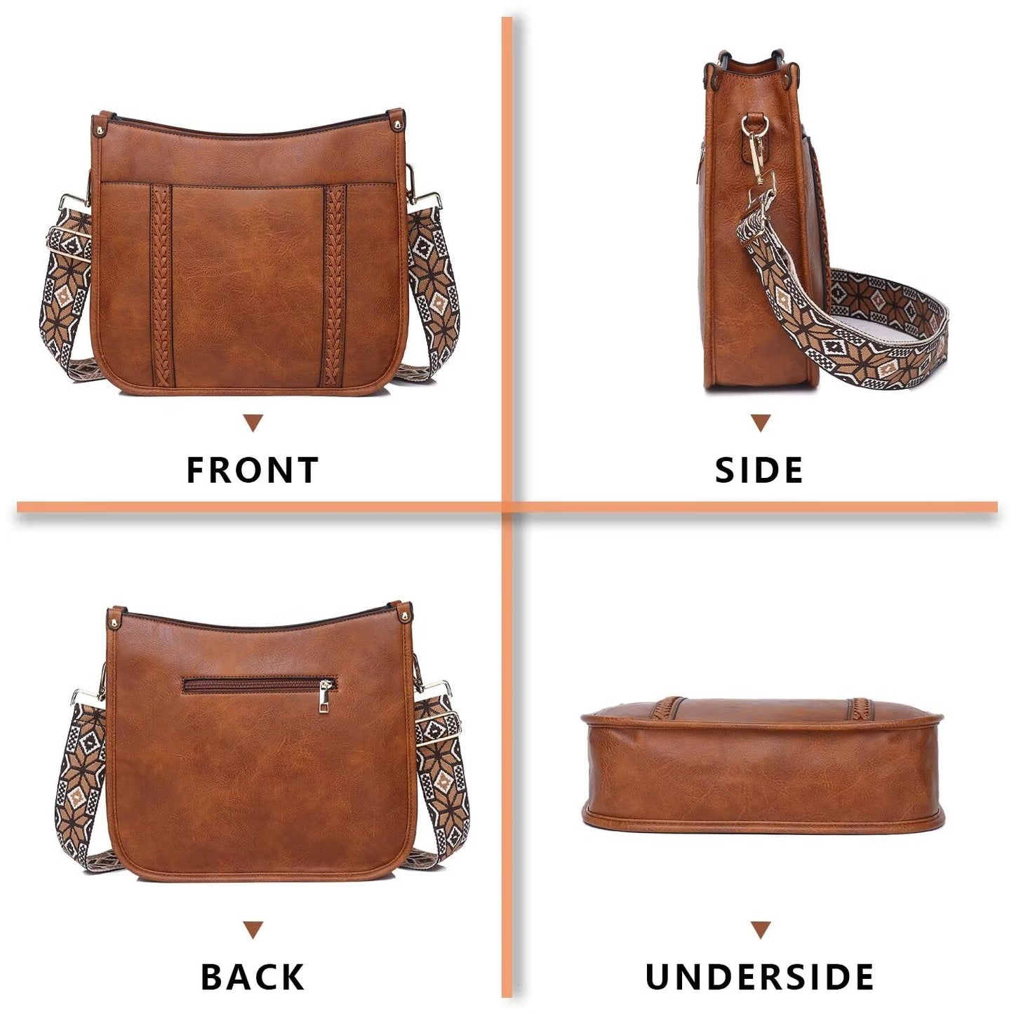 Vegan Leather Crossbody Bags for Women, Crossbody Purse with Guitar Strap Zipped Pockets Handbag