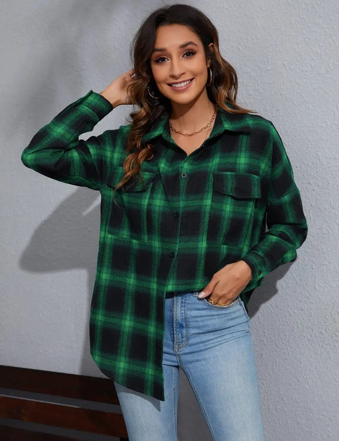 Women's Button Down Flannel Shirts Plaid Shacket Long Sleeve Collared Business Casual Tops Work Blouses