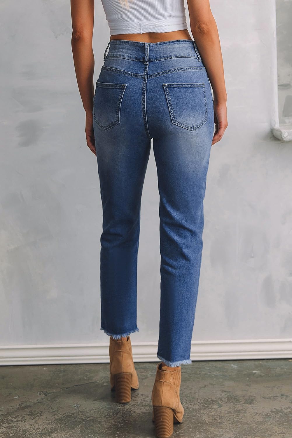 Women's High Waisted Jeans Strechy Raw Hem Straight Leg Denim Pants with Pockets