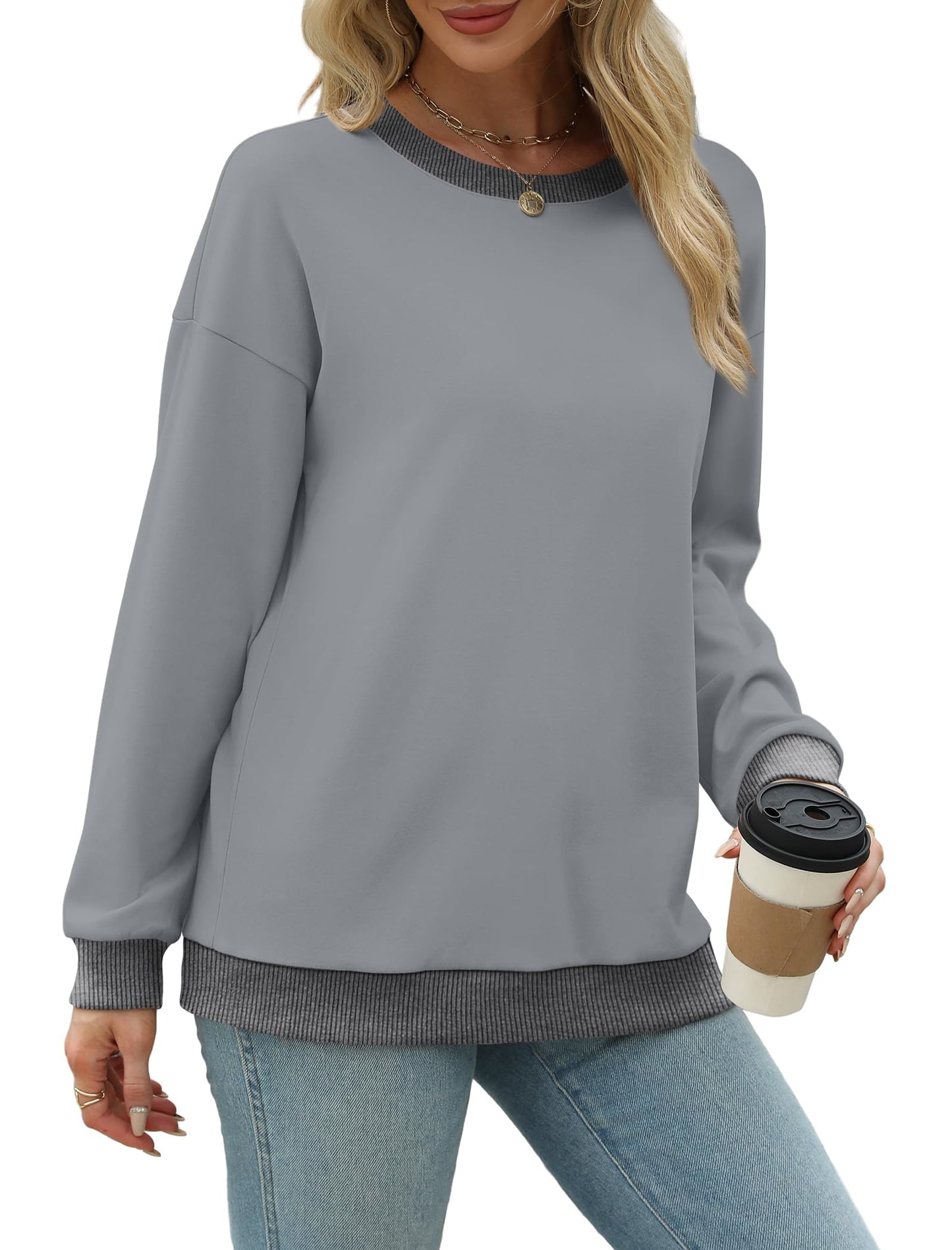 Sweatshirts for Women Crewneck Long Sleeve Loose Fit Tops Color Block Ribbed Trim Fashion