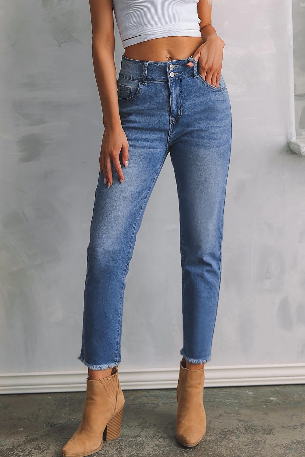 Women's High Waisted Jeans Strechy Raw Hem Straight Leg Denim Pants with Pockets
