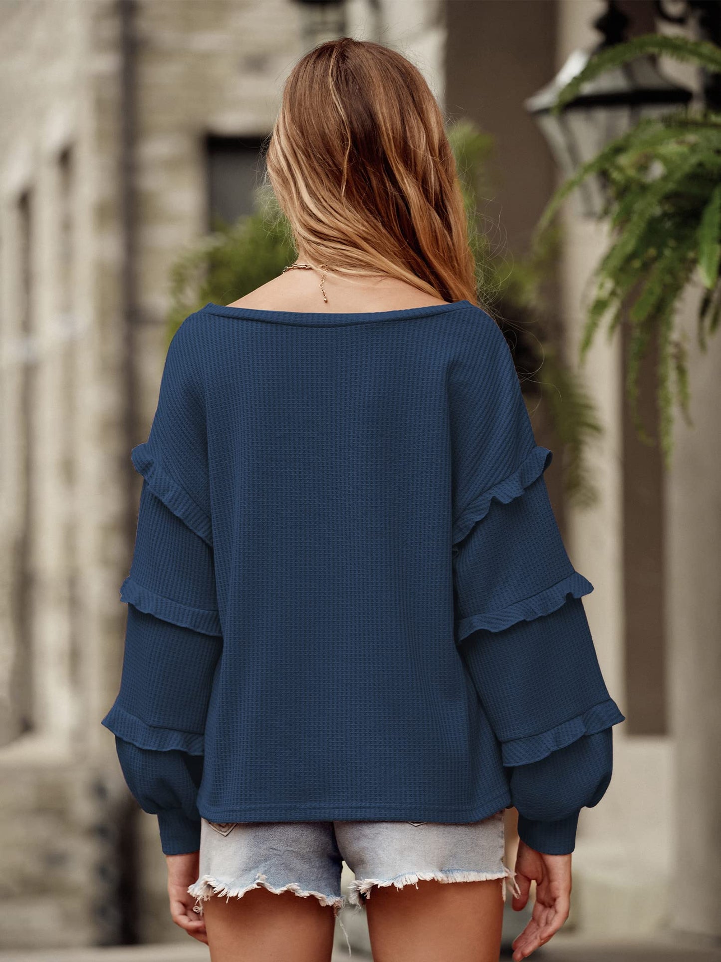 Women’s V Neck Long Sleeve Blouse Loose Fit Tunics Ruffles Off Shoulder Waffle Knit Solid Color Tops