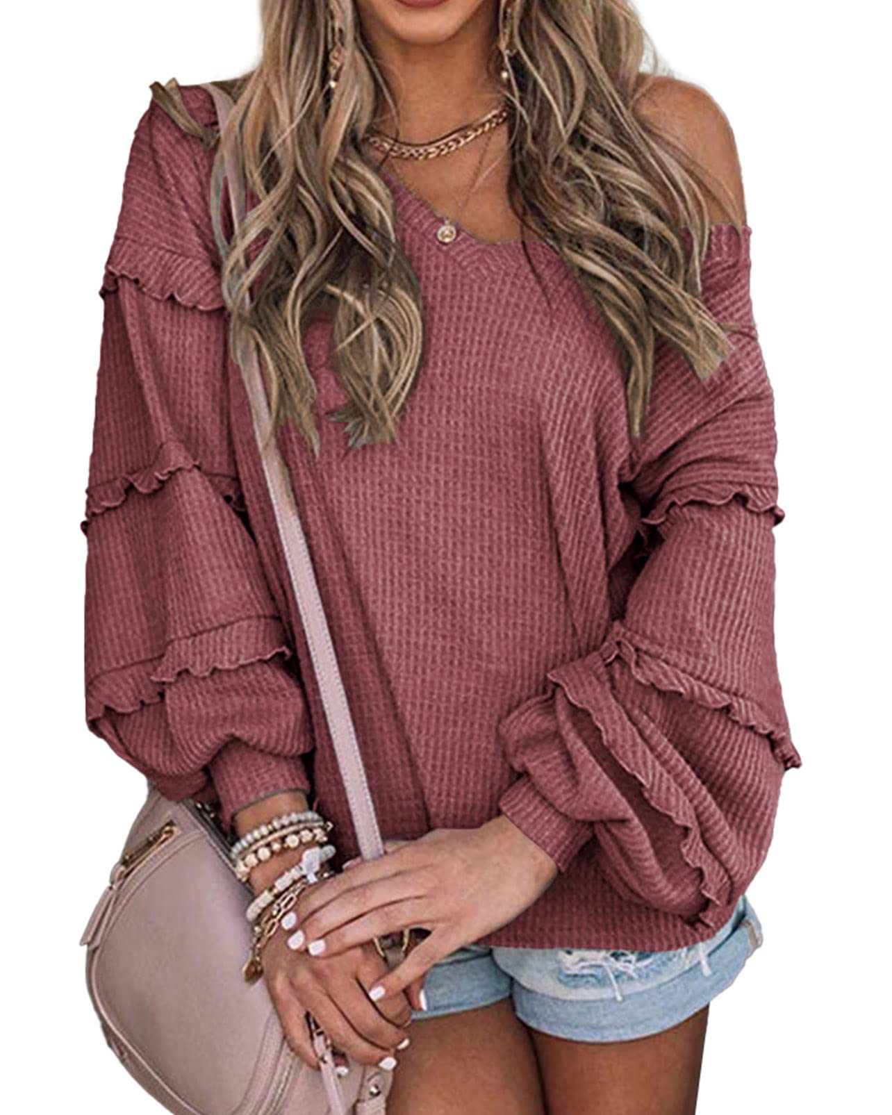 Women’s V Neck Long Sleeve Blouse Loose Fit Tunics Ruffles Off Shoulder Waffle Knit Solid Color Tops