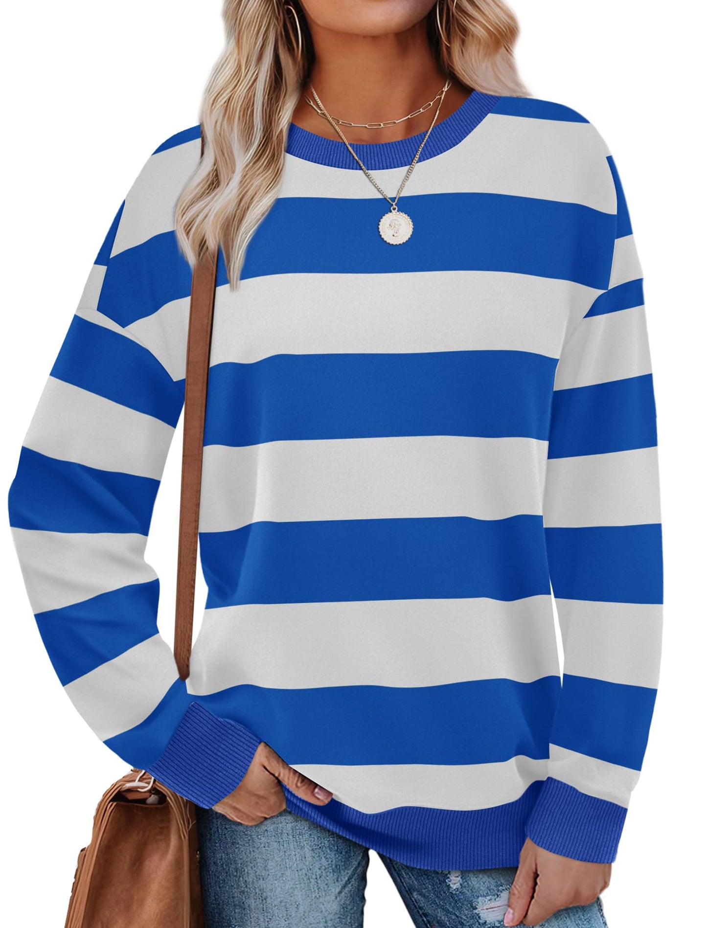 Sweatshirts for Women Crewneck Long Sleeve Loose Fit Tops Color Block Ribbed Trim Fashion