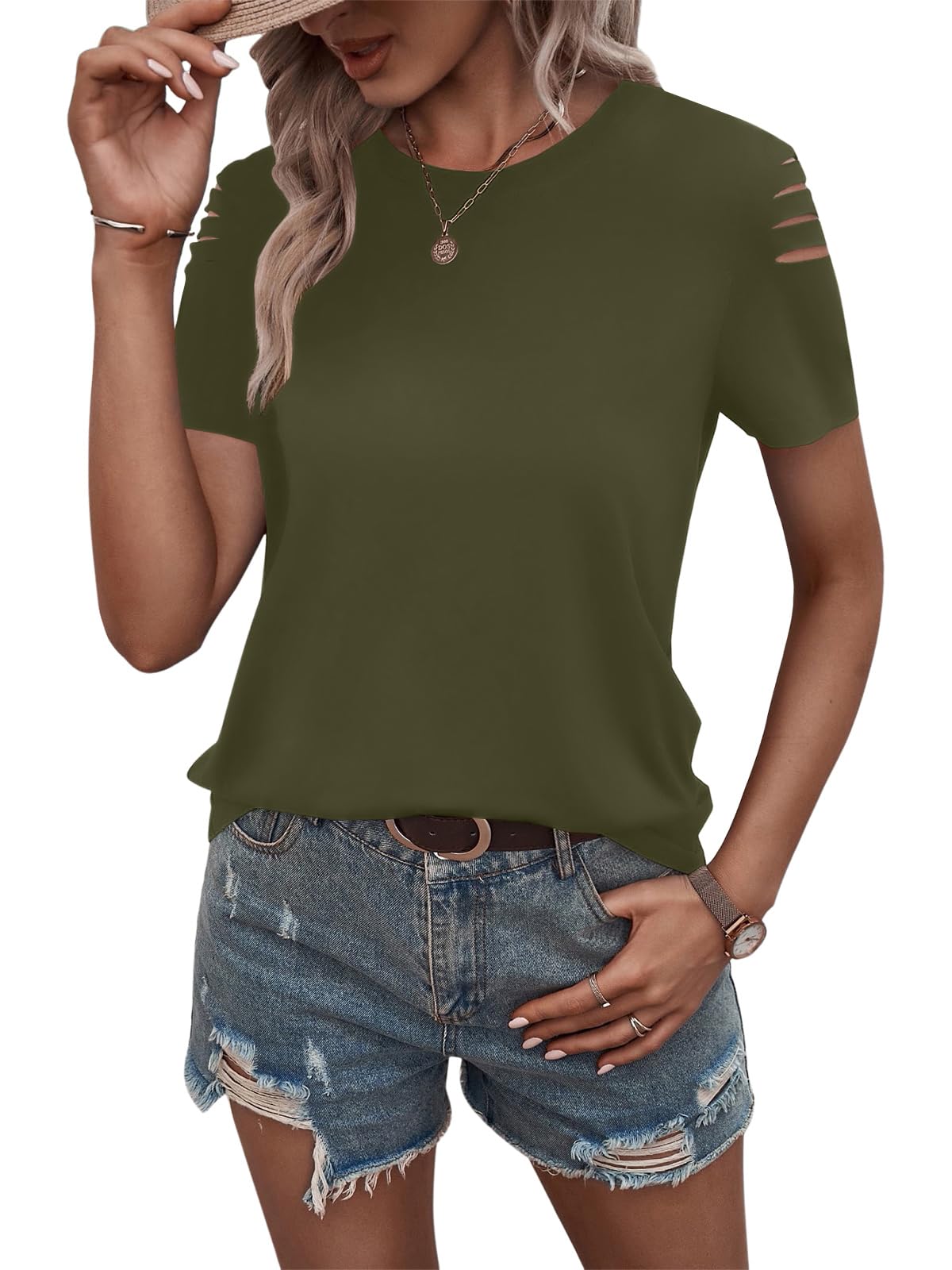 Women's Short Sleeve T Shirts Crew Neck Ripped Cut Out Summer Casual Basic Tees Tops