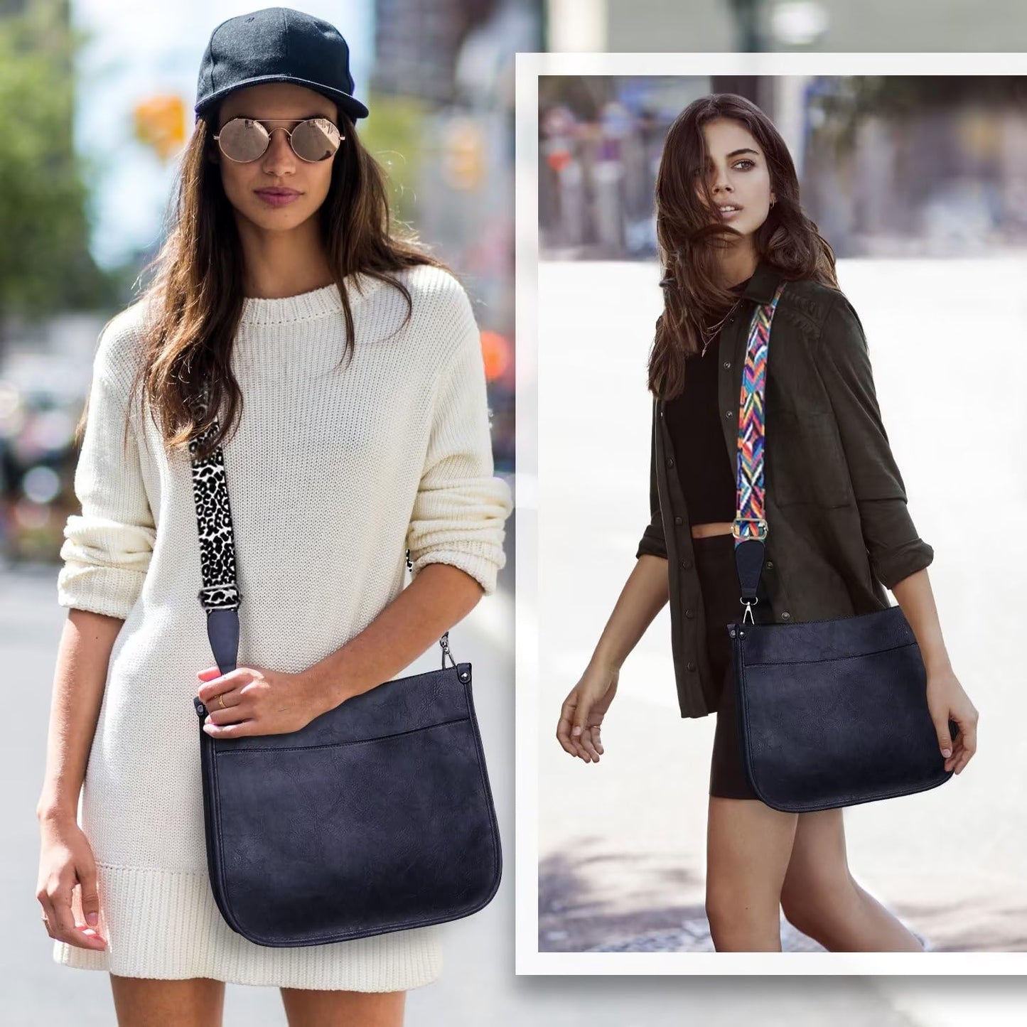 Vegan Leather Crossbody Bags for Women, Crossbody Purse with Guitar Strap Zipped Pockets Handbag
