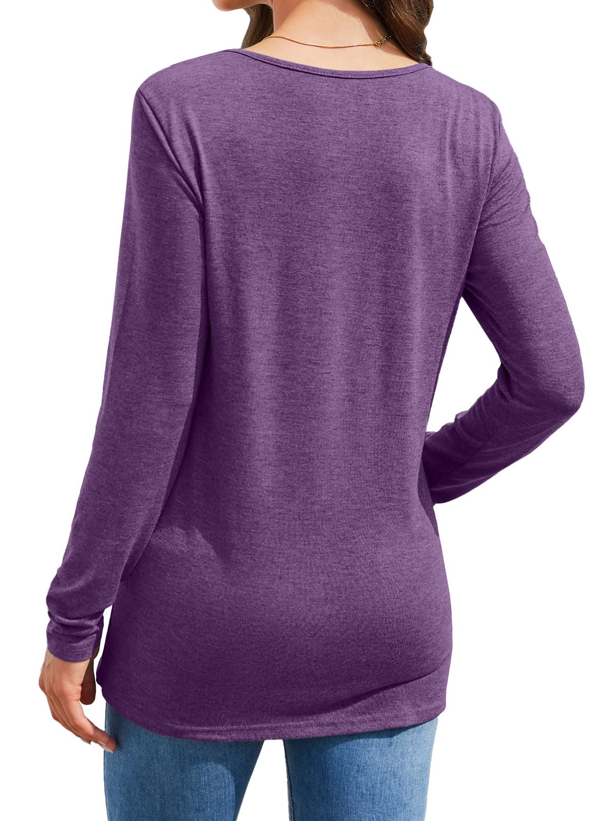 Womens Casual Long Sleeve Tunic Shirts Round Neck Button Side Blouses Tops