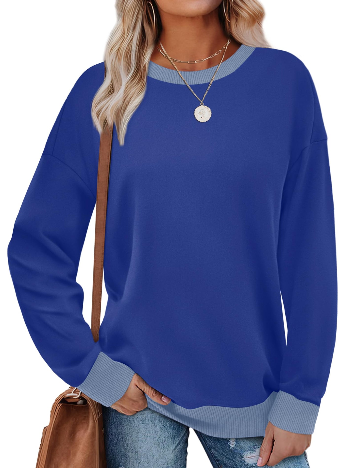 Sweatshirts for Women Crewneck Long Sleeve Loose Fit Tops Color Block Ribbed Trim Fashion