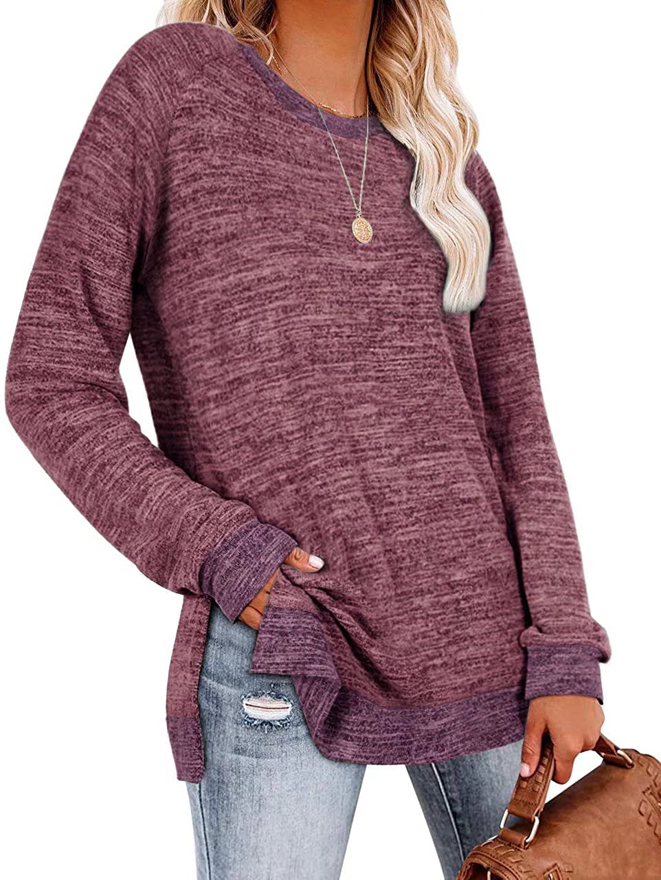 Womens Crewneck Pullovers Color Block Long Sleeve Side Split Tunic Tops