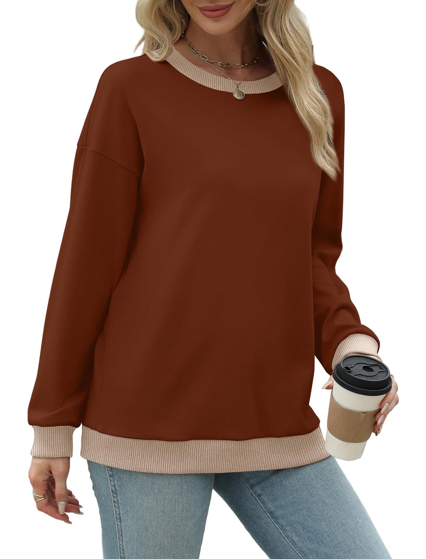 Sweatshirts for Women Crewneck Long Sleeve Loose Fit Tops Color Block Ribbed Trim Fashion