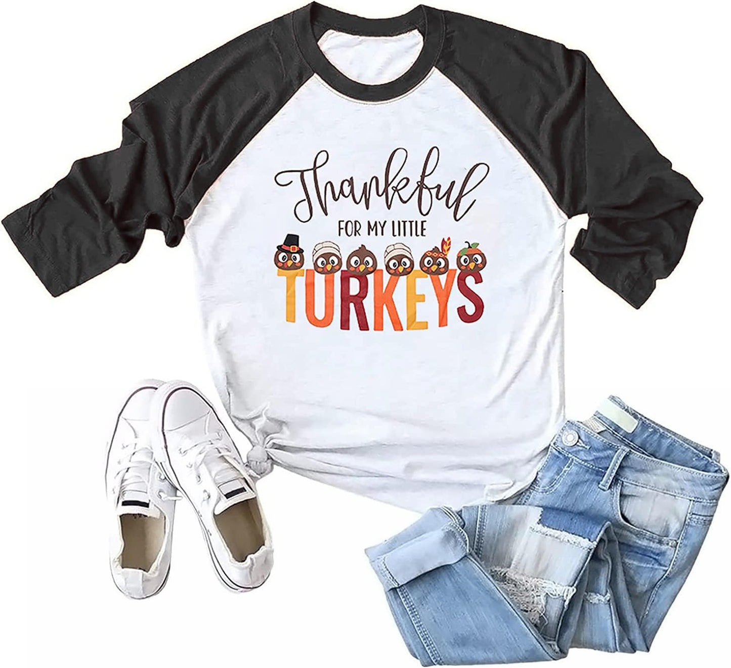 Thankful for My Little Turkeys Shirt Women Thanksgiving Tshirt Cute Graphic Raglan 3/4 Sleeve Baseball Tee Tops