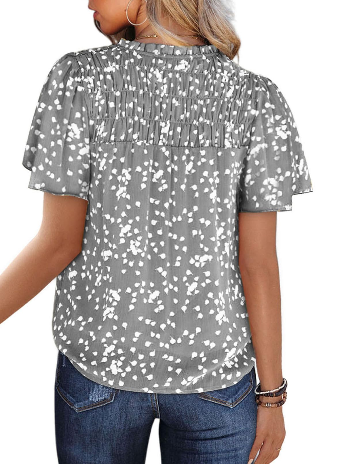 Women's Casual V Neck Floral Print Smocked Short Sleeve Chiffon Blouses Bohemian Top Shirts