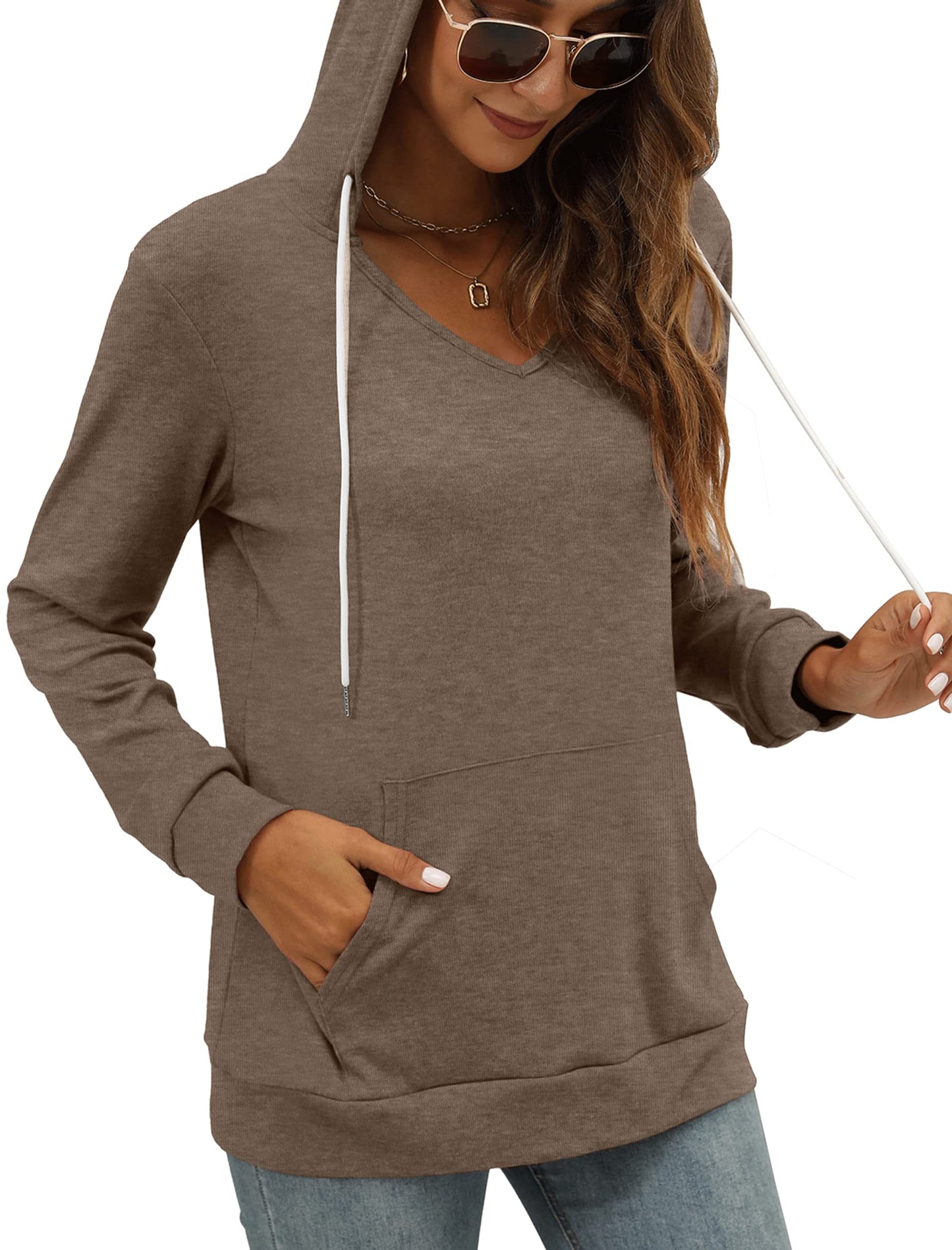 Pocket Hoodies for Womens V Neck Lightweight Sweatshirts Long Sleeve Tops