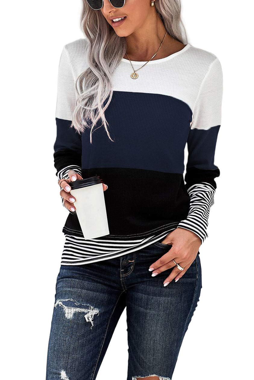 Womens Color Block Loose Long/Short Sleeve T Shirts Casual Comfy Tops