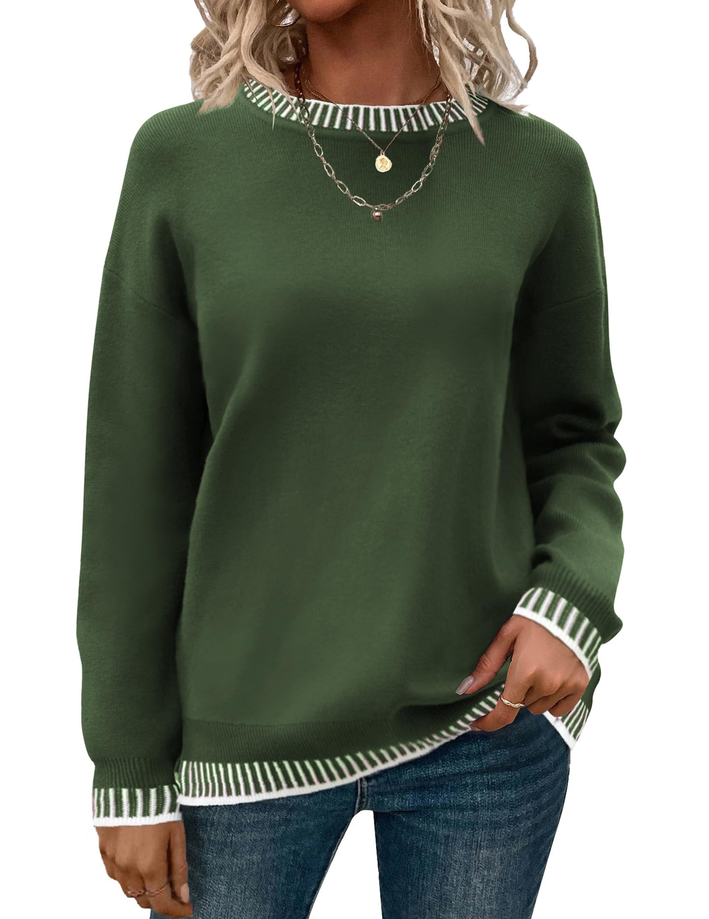 Womens Crewneck Pullover Sweater Long Sleeve Knit Side Slit