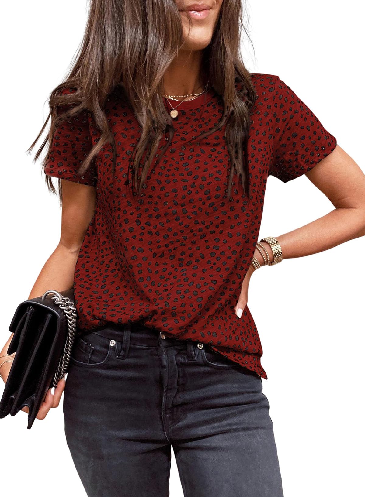 Womens Casual Polka Dot Tops Crewneck Short Sleeve T Shirts Fashion 2024 Spring Summer Loose Fit Shirts