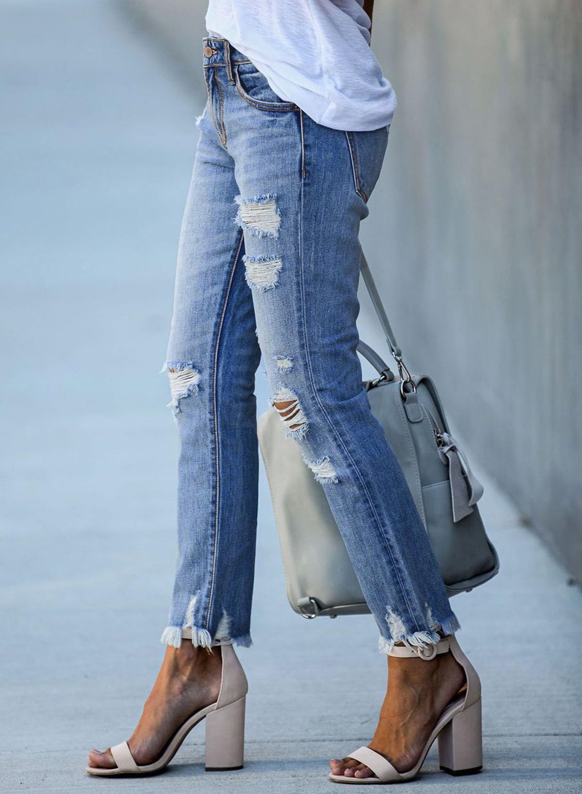 Women's Ripped Jeans Straight Leg Distressed Boyfriend Denim Pants