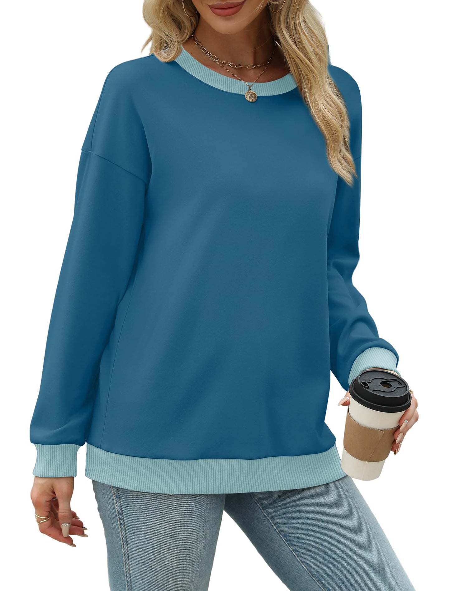 Sweatshirts for Women Crewneck Long Sleeve Loose Fit Tops Color Block Ribbed Trim Fashion