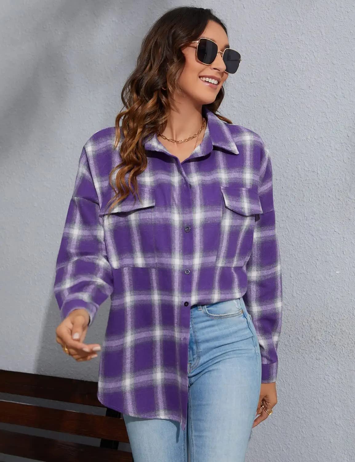 Women's Button Down Flannel Shirts Plaid Shacket Long Sleeve Collared Business Casual Tops Work Blouses