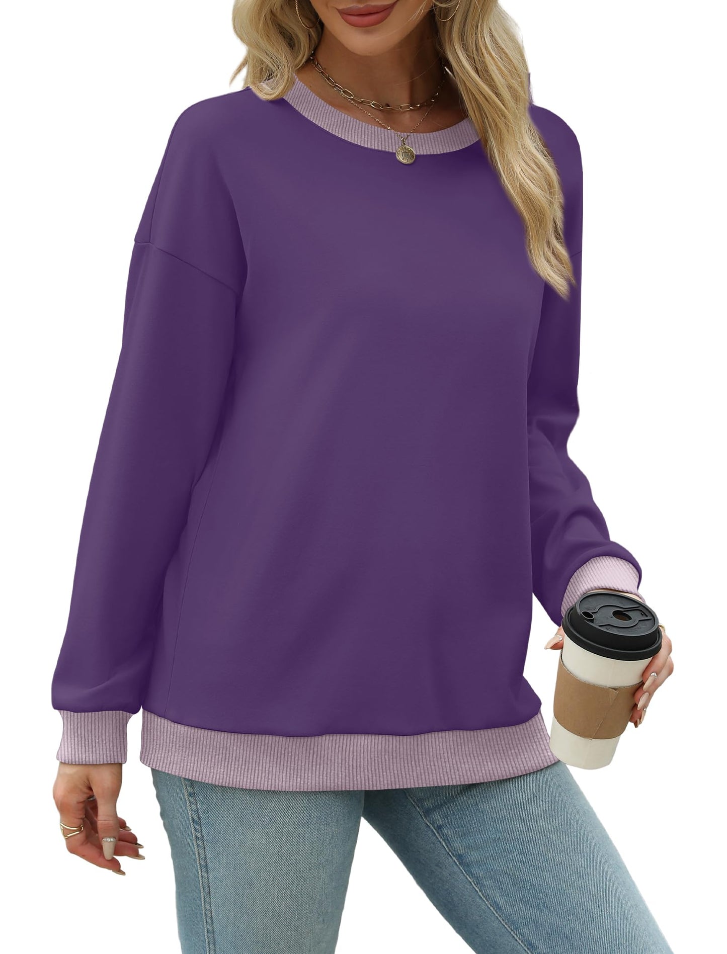 Sweatshirts for Women Crewneck Long Sleeve Loose Fit Tops Color Block Ribbed Trim Fashion