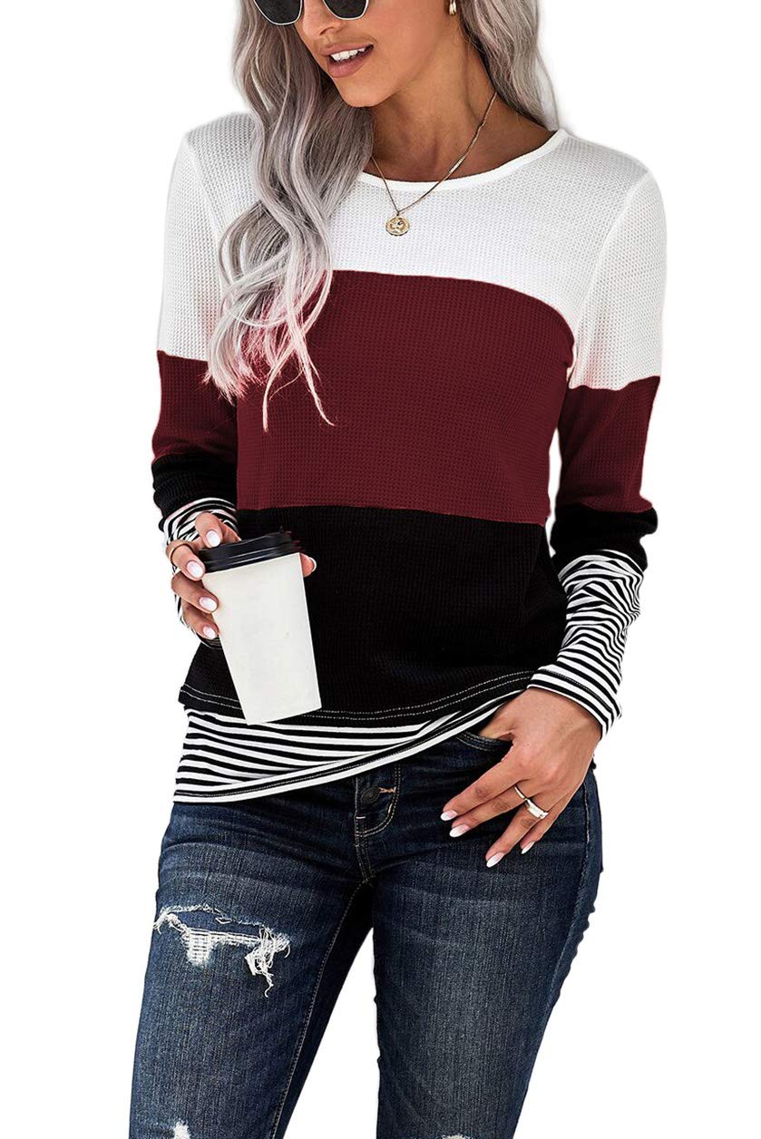 Womens Color Block Loose Long/Short Sleeve T Shirts Casual Comfy Tops