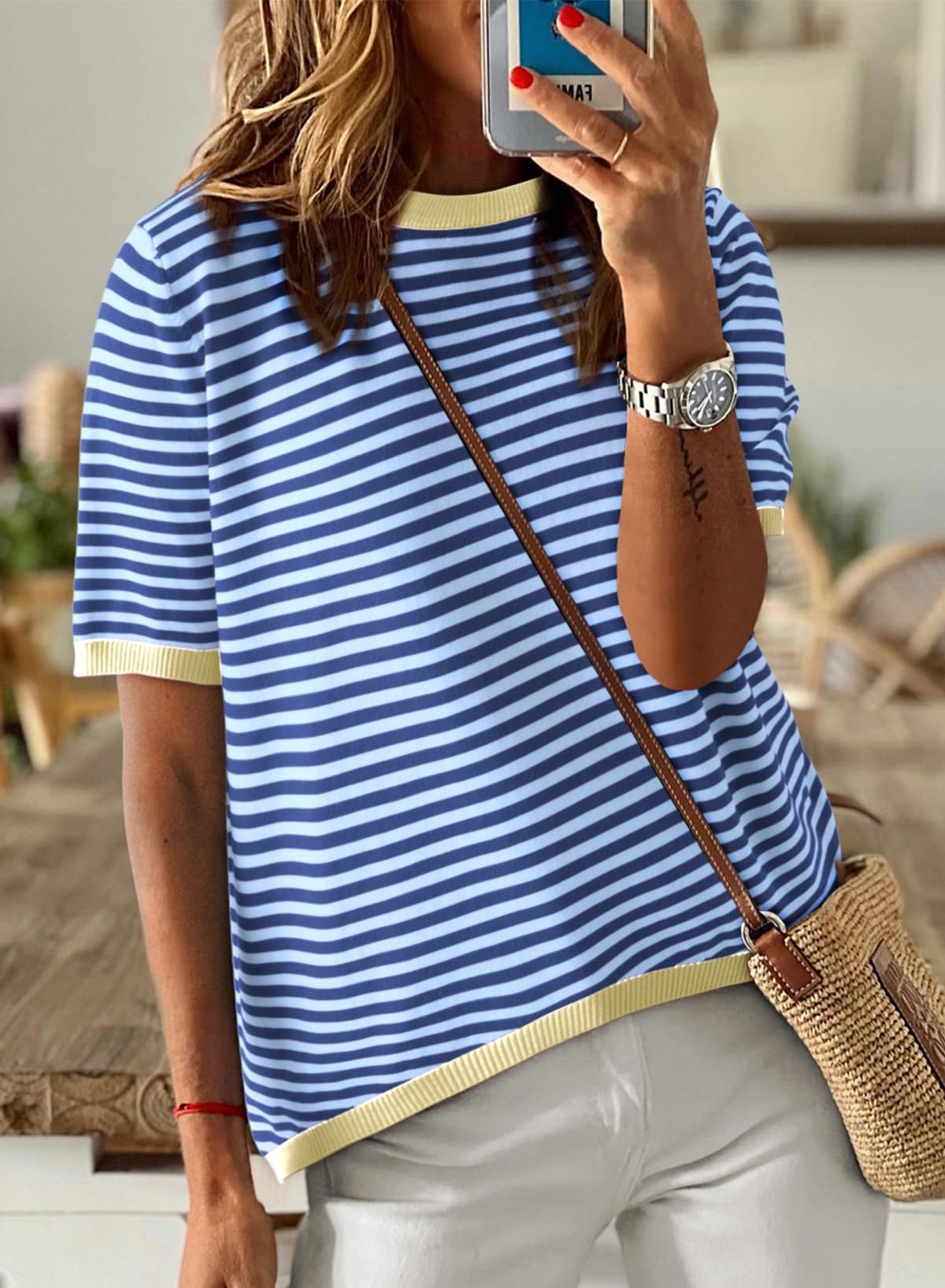 Womens Tops CasualCrewneck Short Sleeve Striped Color Block Knit Trendy Pullover Sweaters