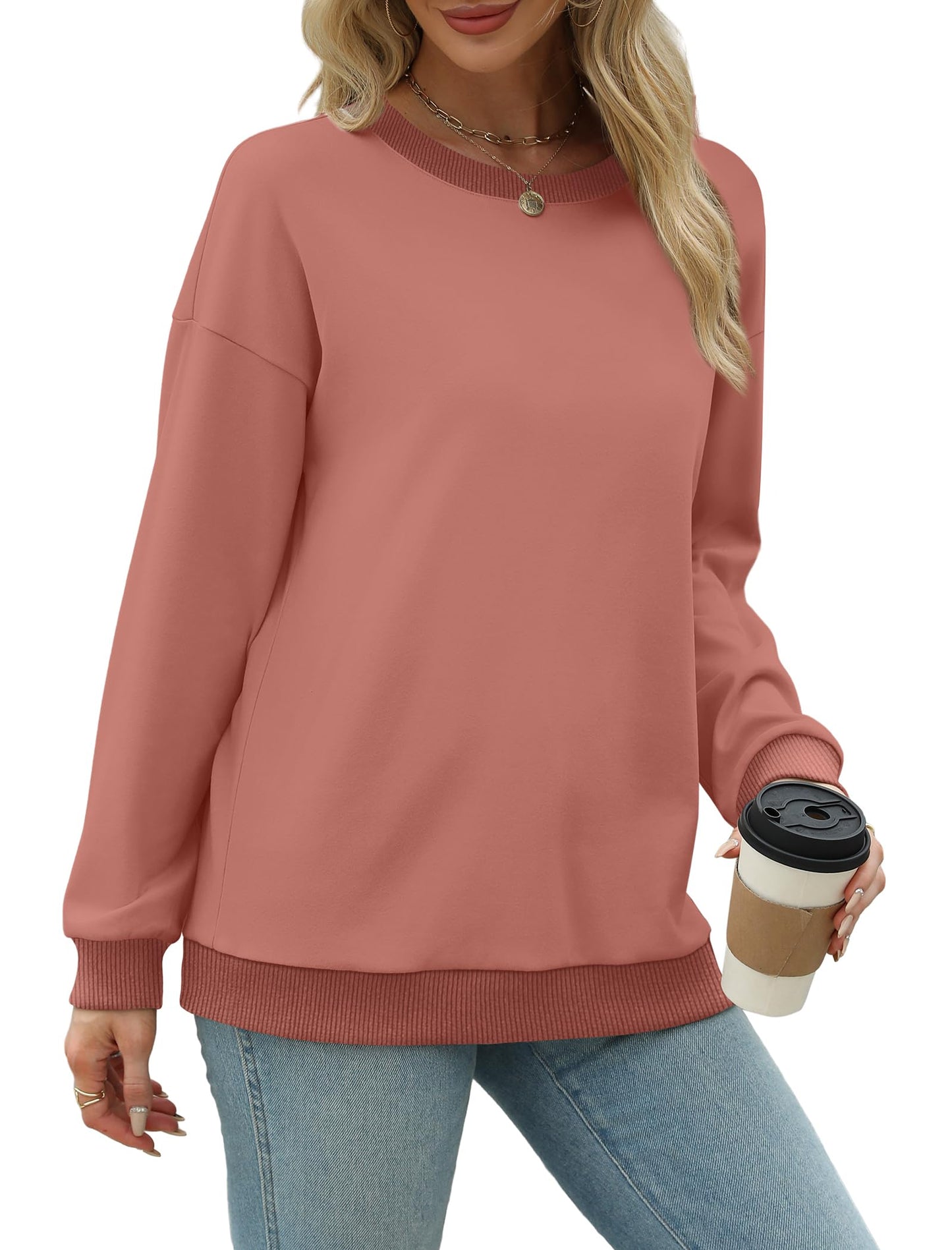 Sweatshirts for Women Crewneck Long Sleeve Loose Fit Tops Color Block Ribbed Trim Fashion