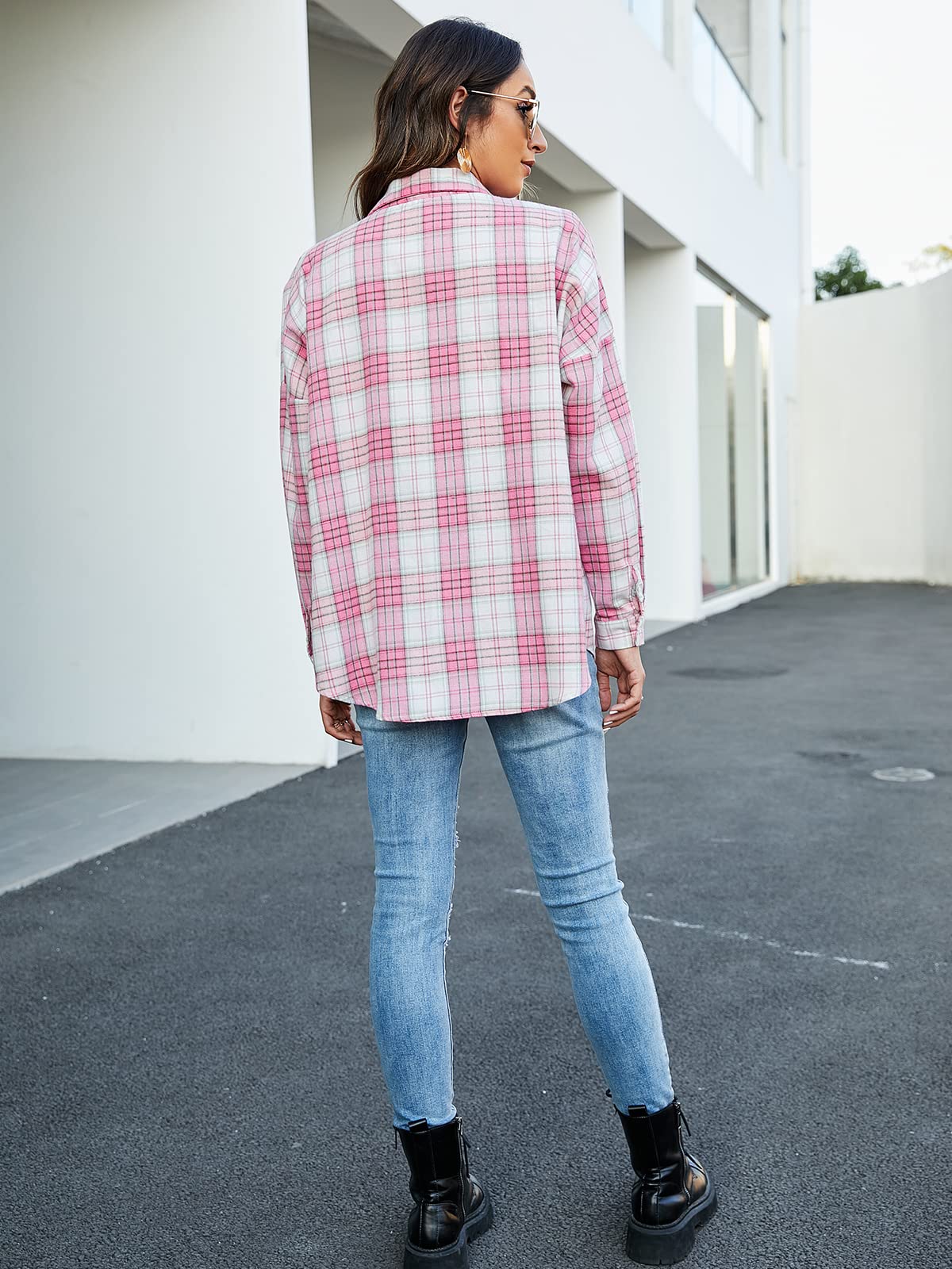 Women's Button Down Flannel Shirts Plaid Shacket Long Sleeve Collared Business Casual Tops Work Blouses