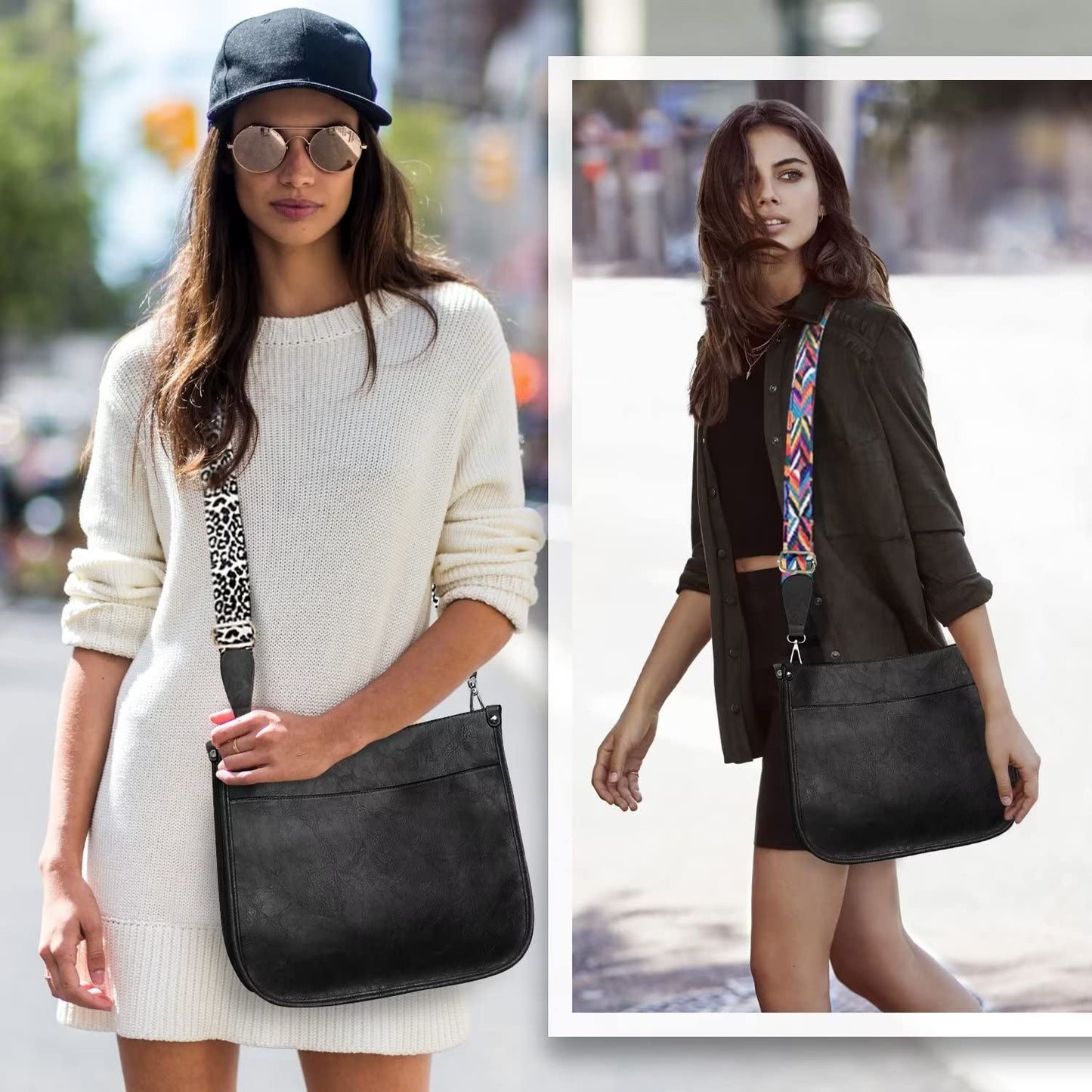 Vegan Leather Crossbody Bags for Women, Crossbody Purse with Guitar Strap Zipped Pockets Handbag