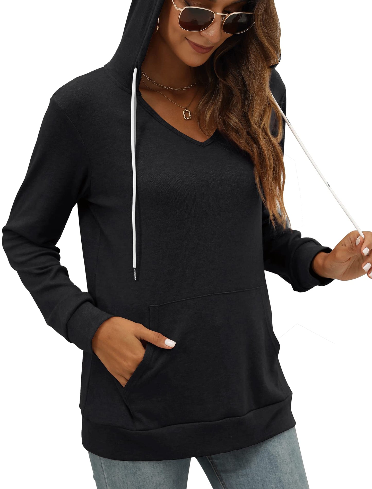 Pocket Hoodies for Womens V Neck Lightweight Sweatshirts Long Sleeve Tops