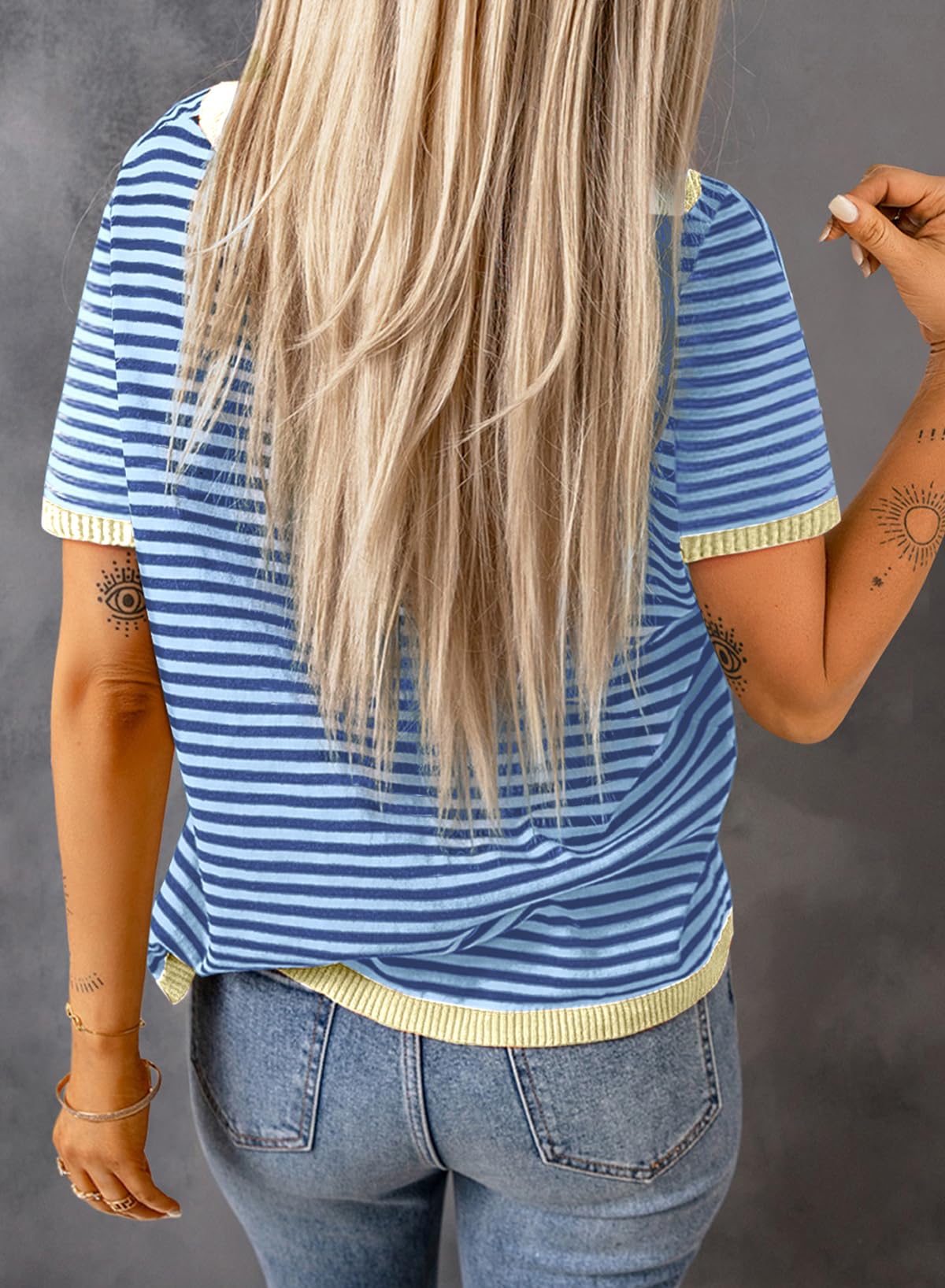 Womens Tops CasualCrewneck Short Sleeve Striped Color Block Knit Trendy Pullover Sweaters