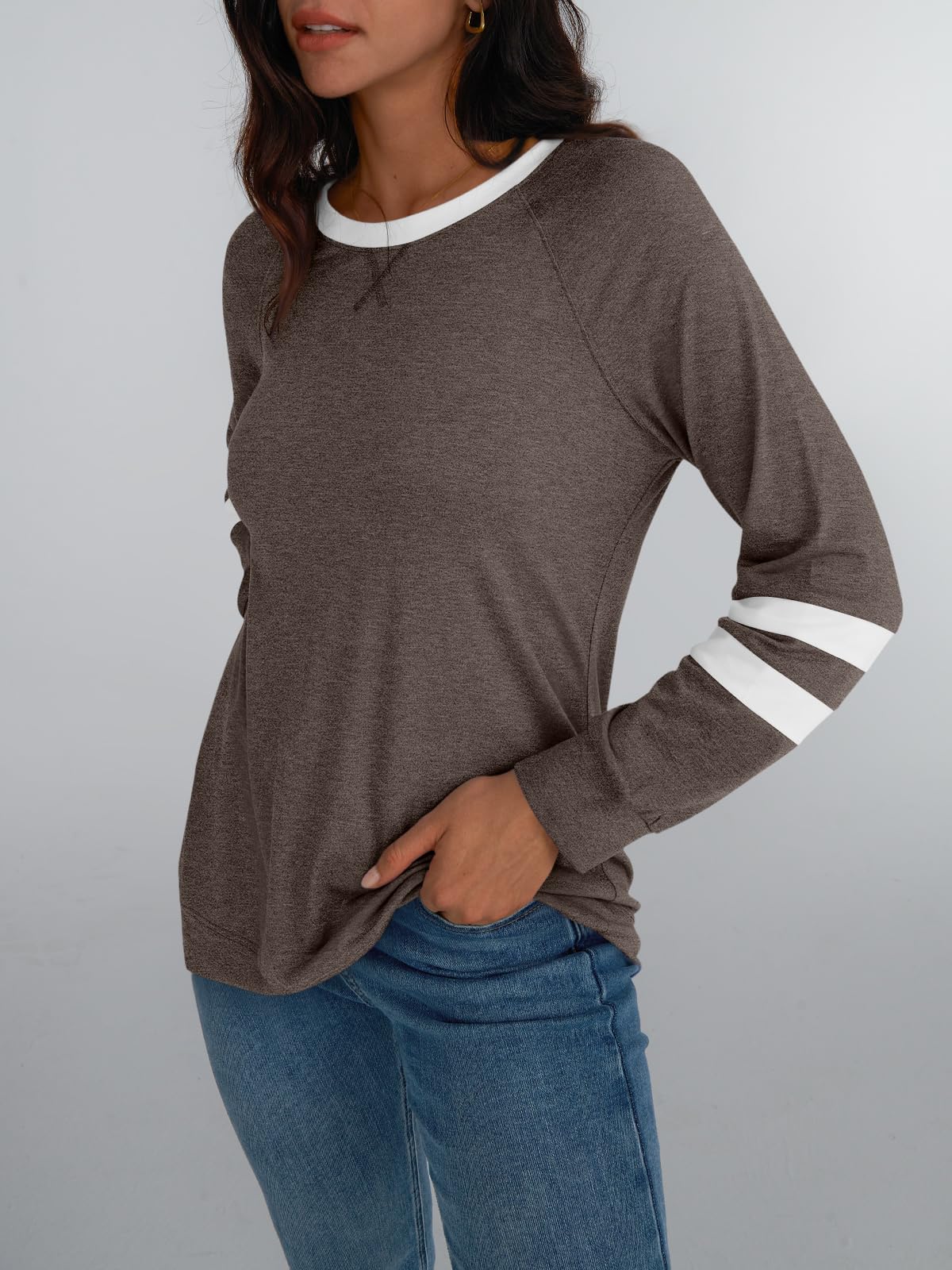 Womens Long Sleeve Shirts Color Block Casual Crewneck Tops Tshirt