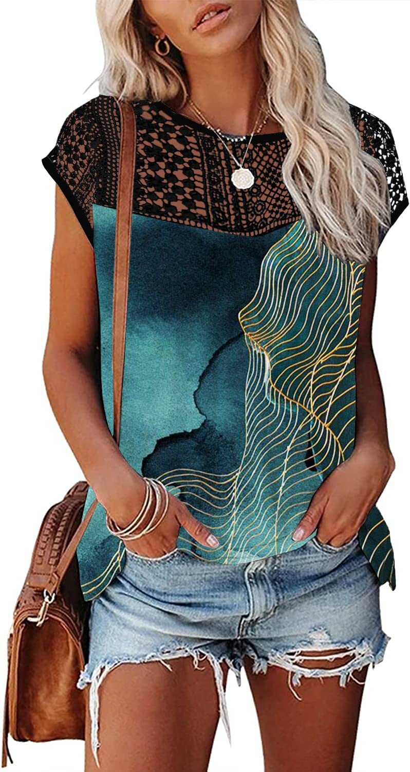 Womens Cap Sleeve Tops 2024 Trendy Floral Print Summer Tops Loose Fit Lace T Shirts Blouses