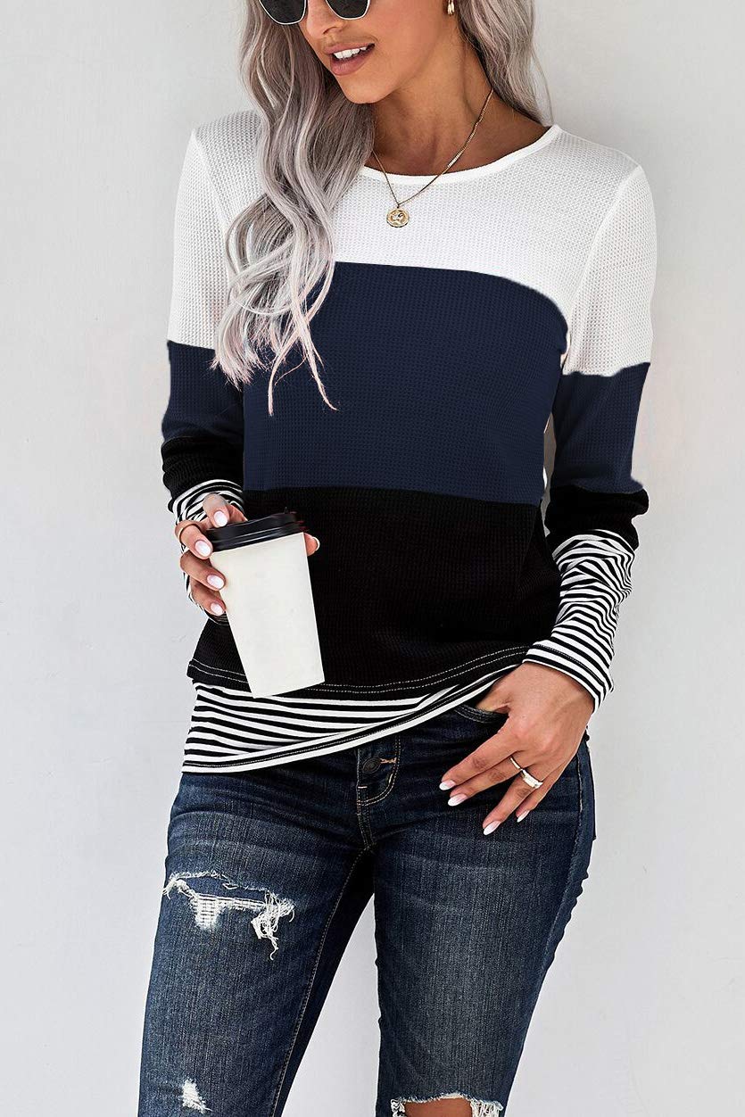 Womens Color Block Loose Long/Short Sleeve T Shirts Casual Comfy Tops