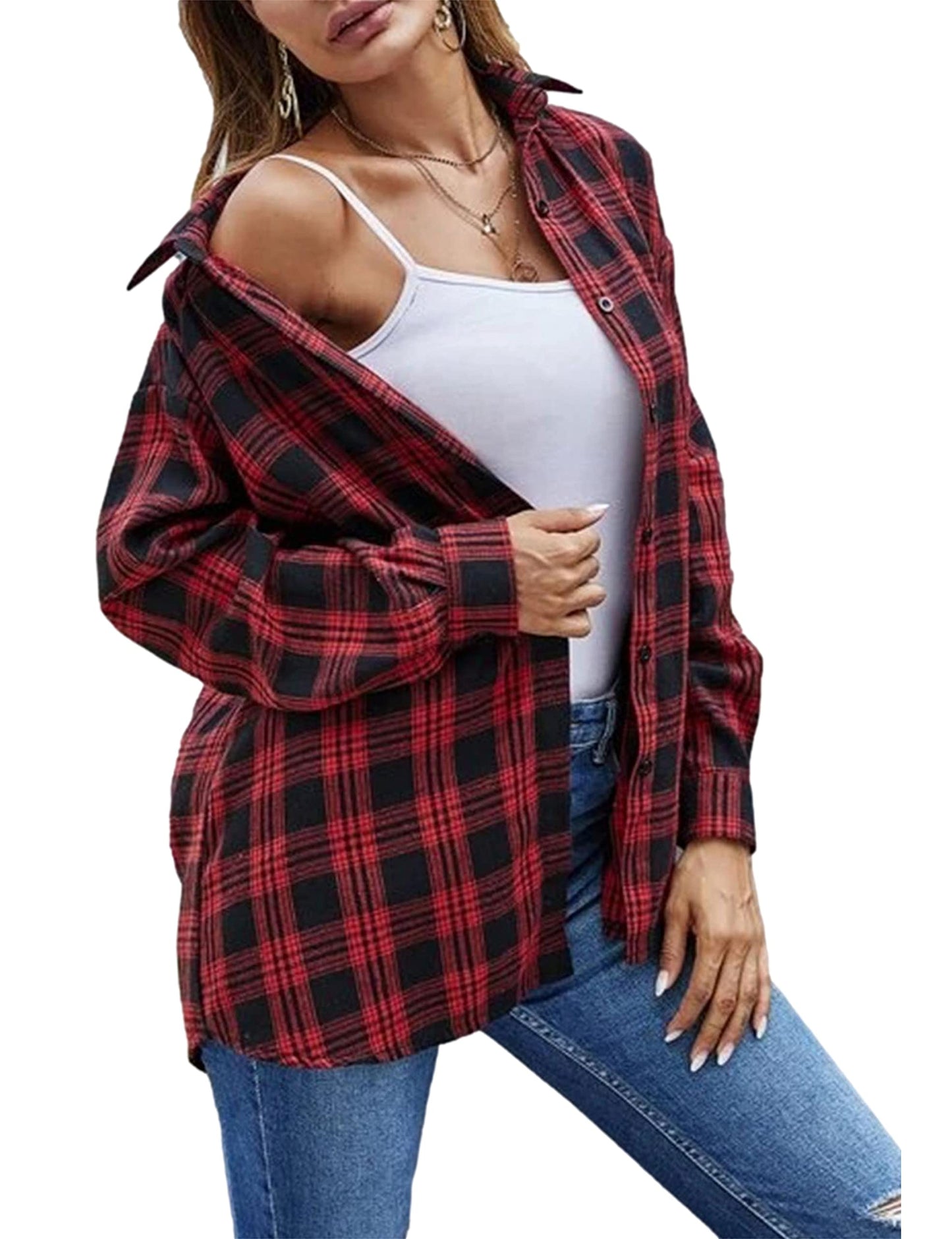 Plaid Flannel Shirts for Women Oversized Long Sleeve Button Down Buffalo Plaid Shirt Blouse Tops