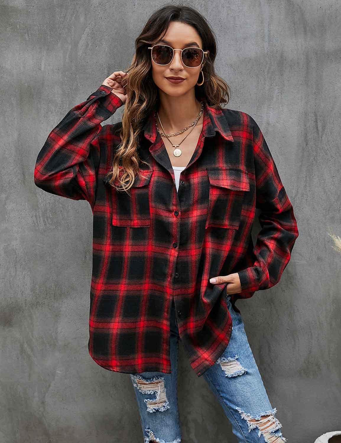 Women's Button Down Flannel Shirts Plaid Shacket Long Sleeve Collared Business Casual Tops Work Blouses